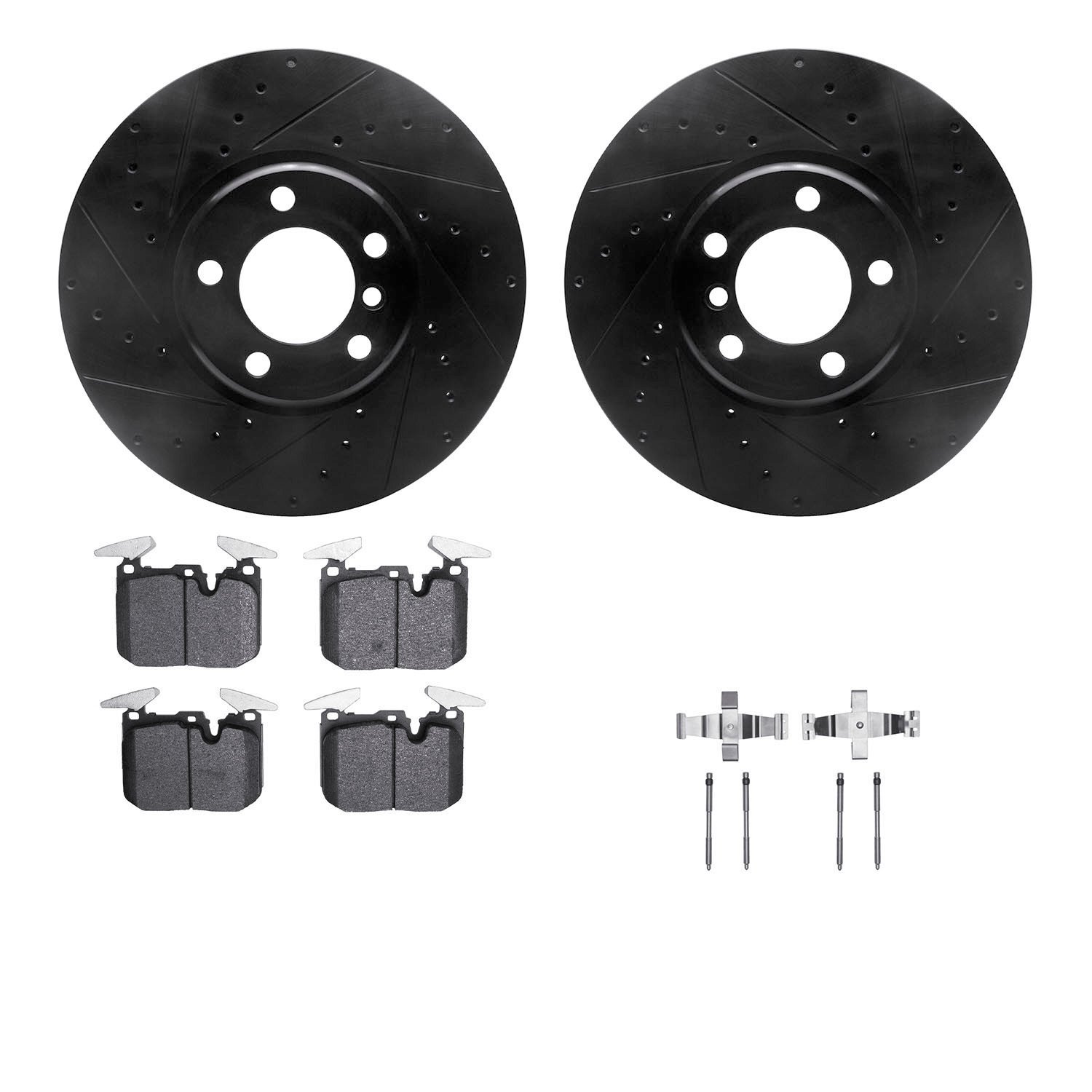 8612-31094 Drilled/Slotted Brake Rotors w/5000 Euro Ceramic Brake Pads Kit & Hardware [Black], 2012-2021 BMW, Position: Front