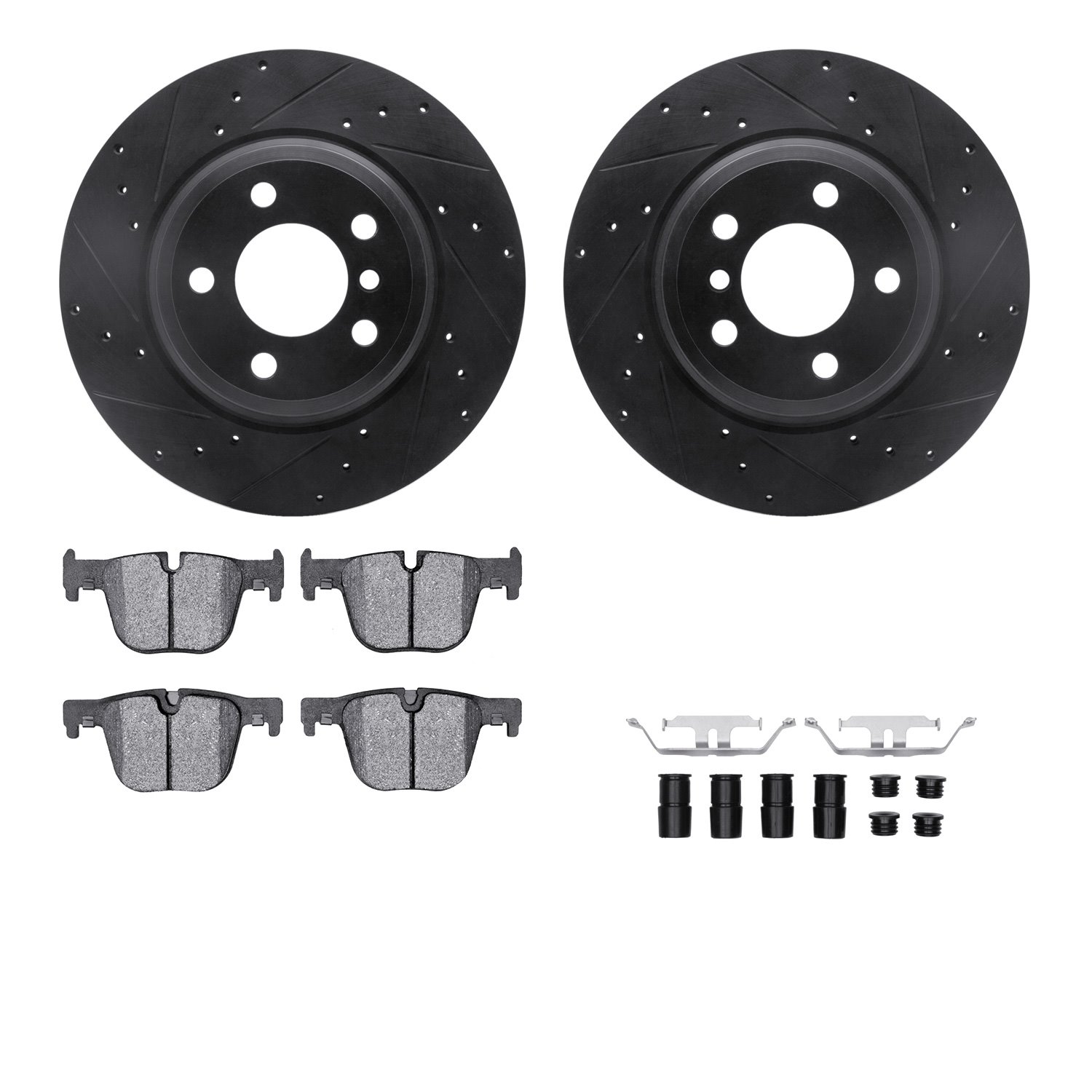 8612-31095 Drilled/Slotted Brake Rotors w/5000 Euro Ceramic Brake Pads Kit & Hardware [Black], 2014-2015 BMW, Position: Rear