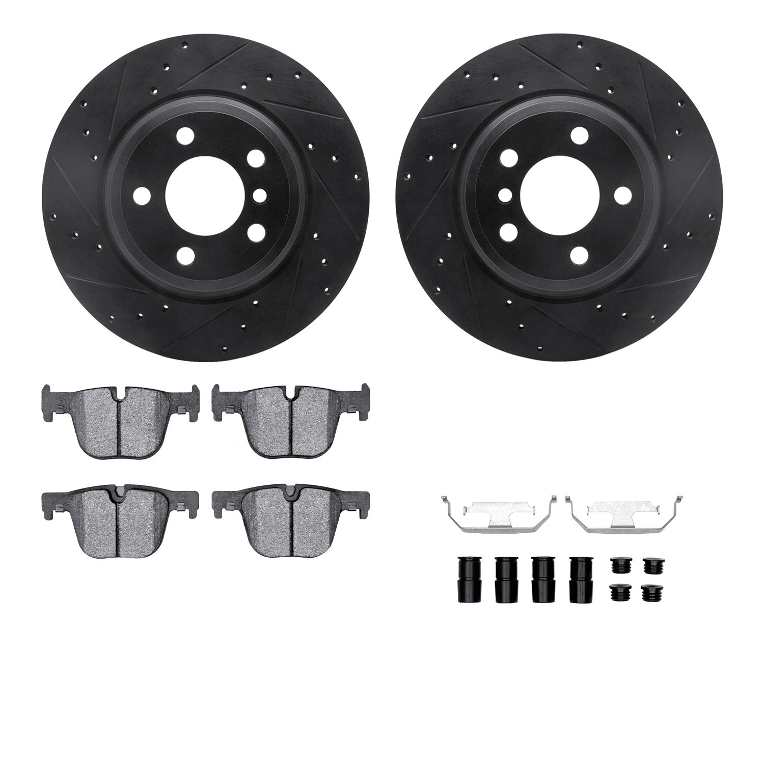 8612-31096 Drilled/Slotted Brake Rotors w/5000 Euro Ceramic Brake Pads Kit & Hardware [Black], 2012-2020 BMW, Position: Rear
