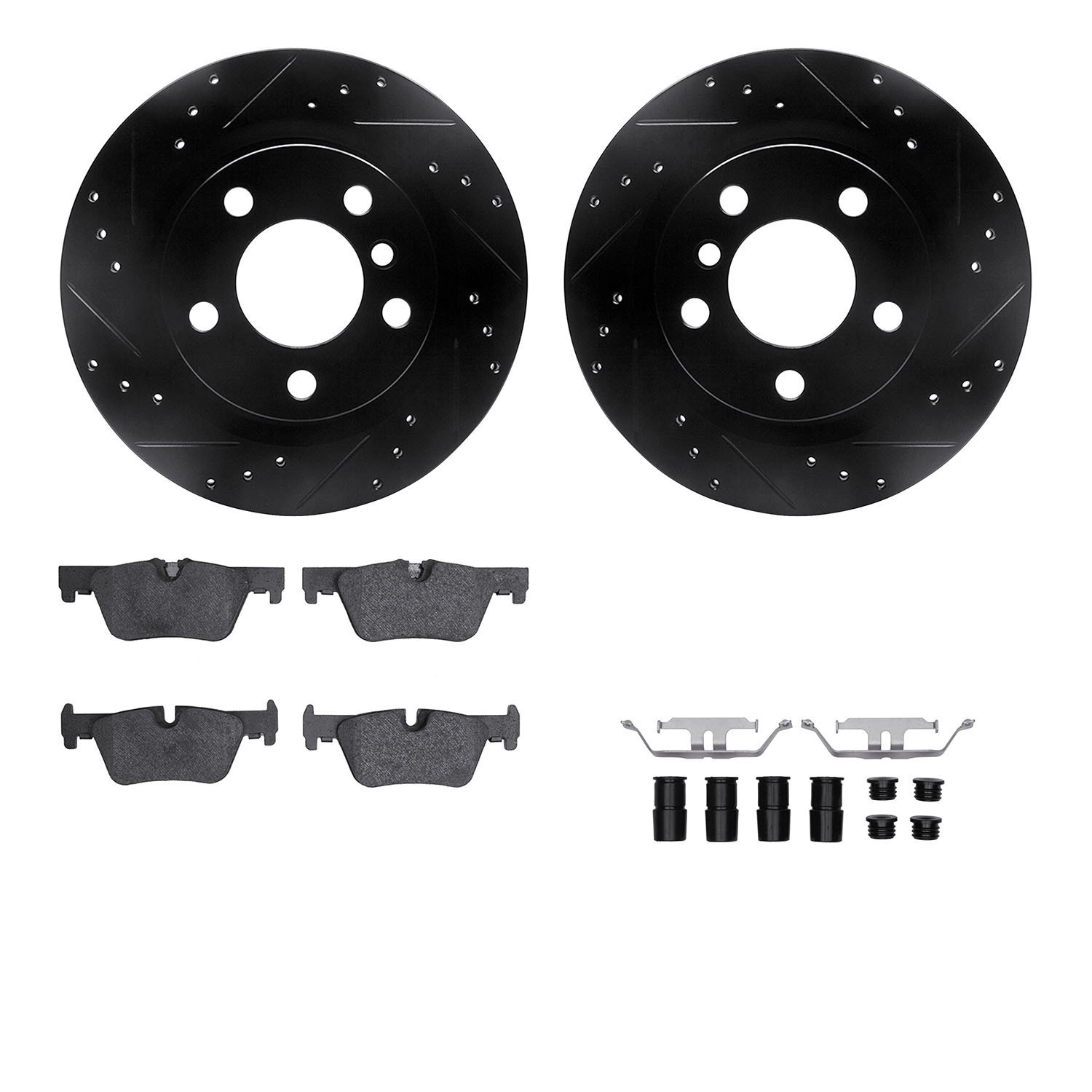 8612-31097 Drilled/Slotted Brake Rotors w/5000 Euro Ceramic Brake Pads Kit & Hardware [Black], 2012-2021 BMW, Position: Rear