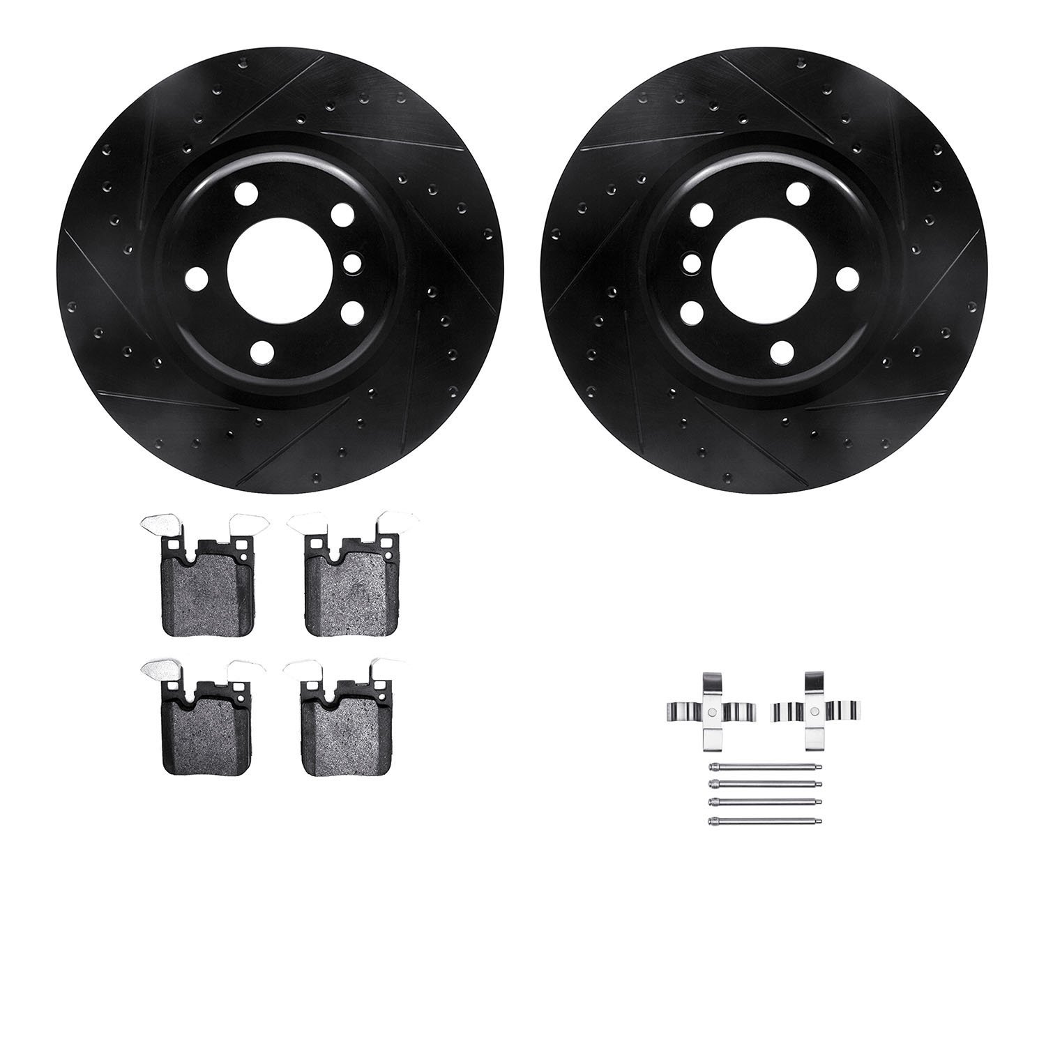 8612-31099 Drilled/Slotted Brake Rotors w/5000 Euro Ceramic Brake Pads Kit & Hardware [Black], 2012-2020 BMW, Position: Rear