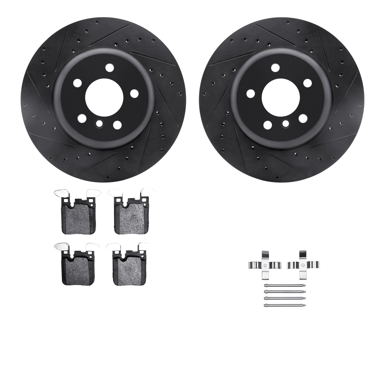 8612-31100 Drilled/Slotted Brake Rotors w/5000 Euro Ceramic Brake Pads Kit & Hardware [Black], 2013-2021 BMW, Position: Rear