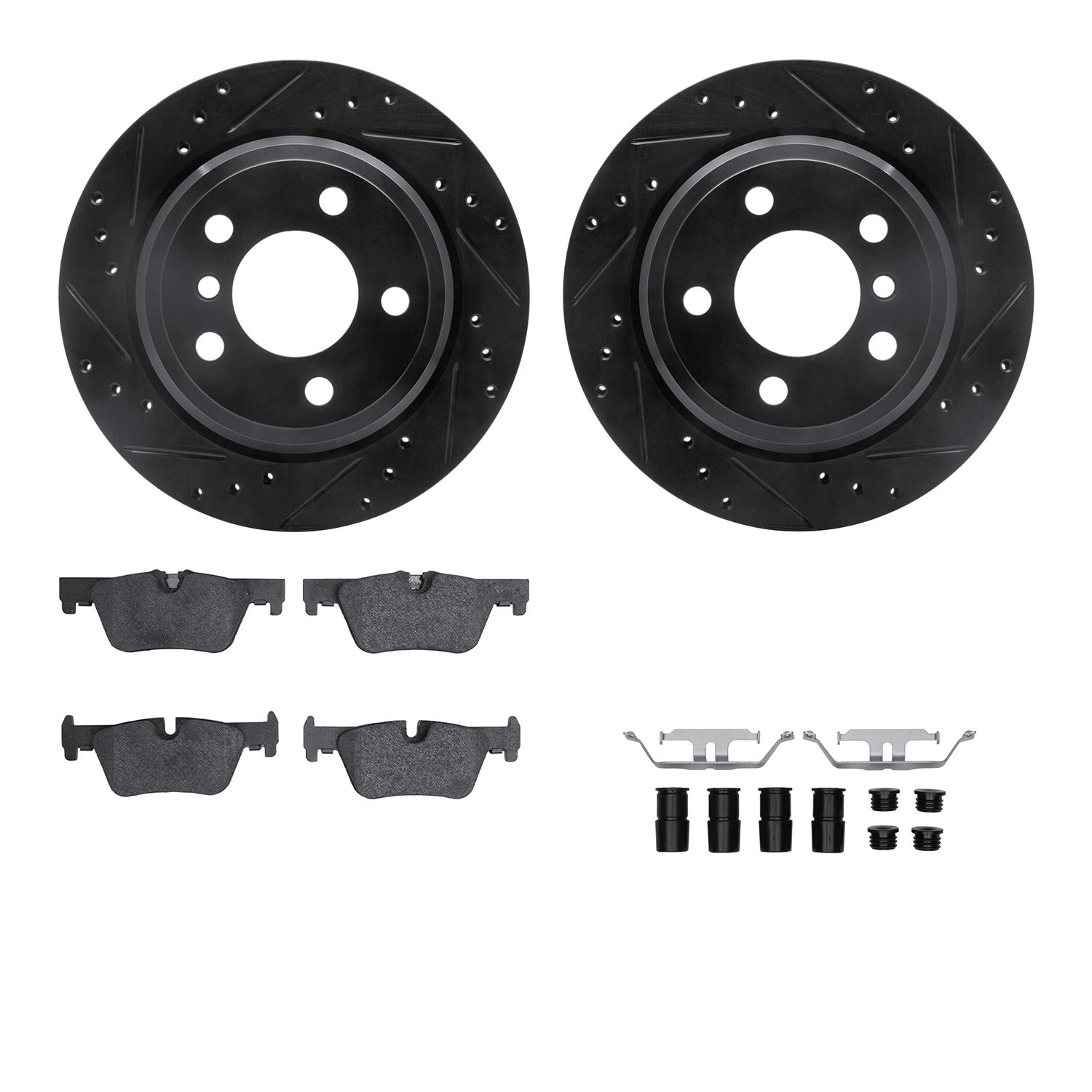8612-31101 Drilled/Slotted Brake Rotors w/5000 Euro Ceramic Brake Pads Kit & Hardware [Black], 2013-2020 BMW, Position: Rear