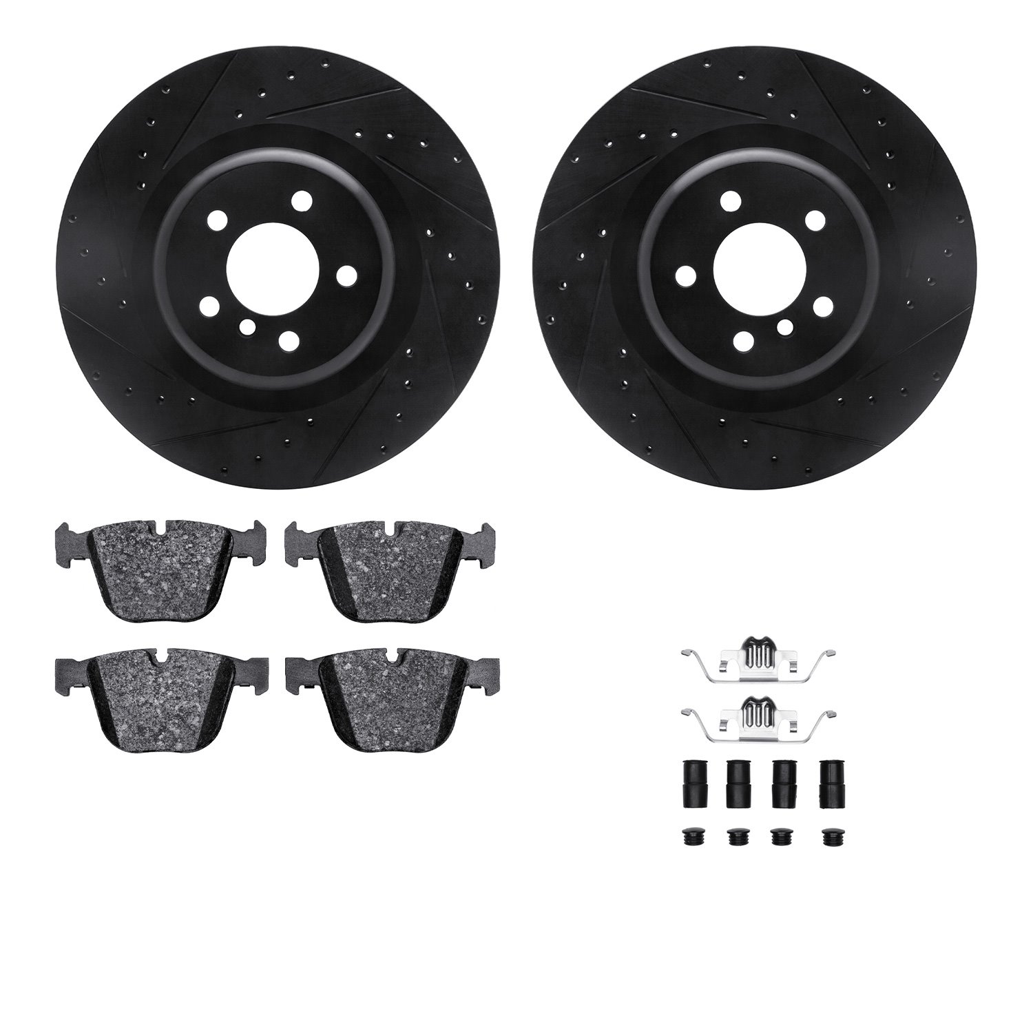 8612-31116 Drilled/Slotted Brake Rotors w/5000 Euro Ceramic Brake Pads Kit & Hardware [Black], 2010-2014 BMW, Position: Rear