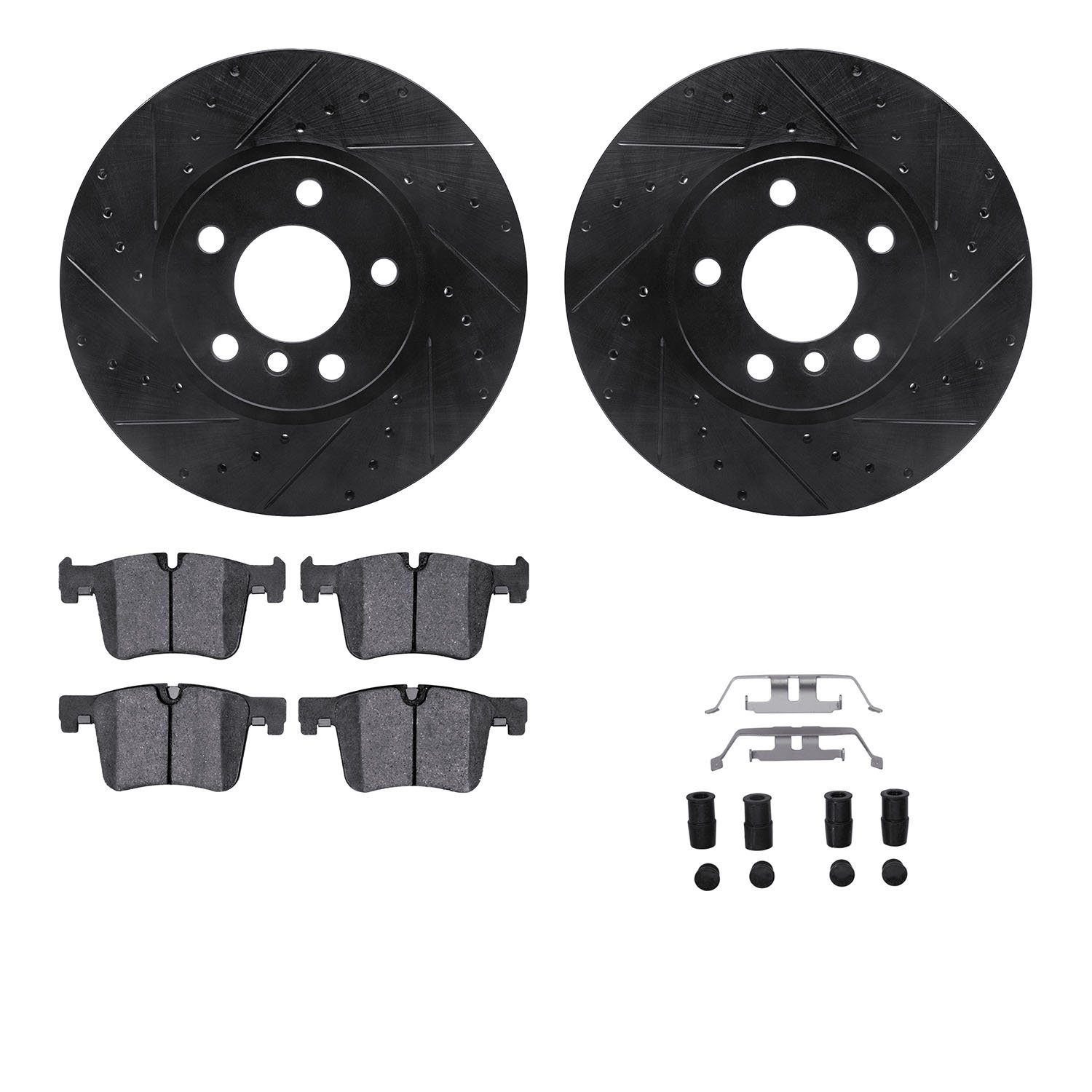 8612-31118 Drilled/Slotted Brake Rotors w/5000 Euro Ceramic Brake Pads Kit & Hardware [Black], 2011-2018 BMW, Position: Front