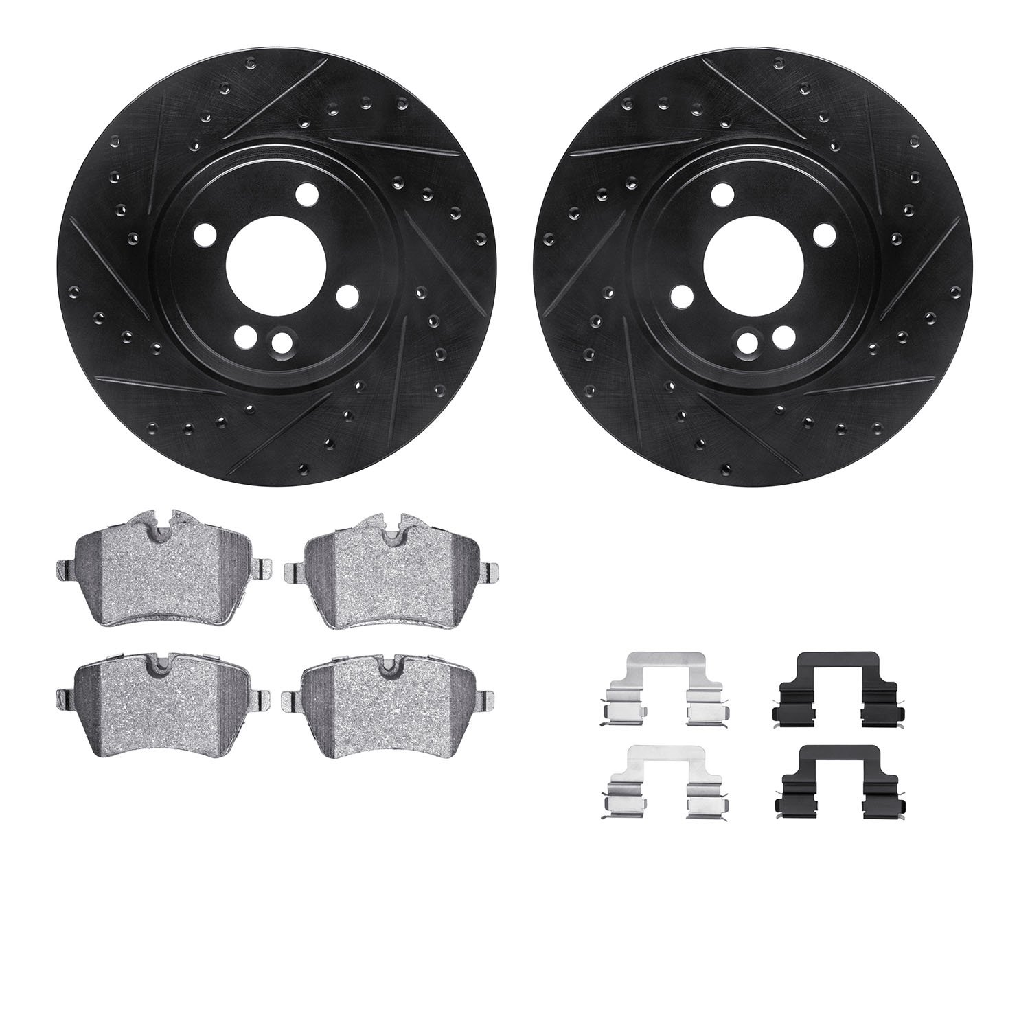 8612-32002 Drilled/Slotted Brake Rotors w/5000 Euro Ceramic Brake Pads Kit & Hardware [Black], 2002-2006 Mini, Position: Front