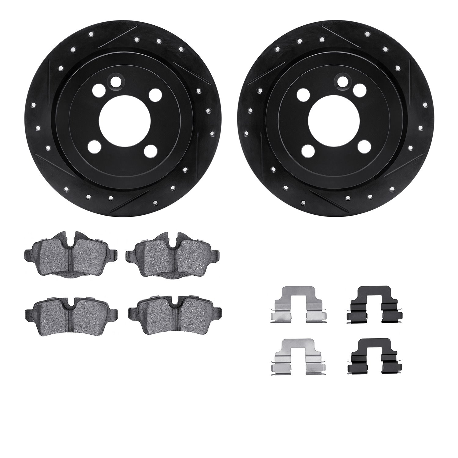8612-32004 Drilled/Slotted Brake Rotors w/5000 Euro Ceramic Brake Pads Kit & Hardware [Black], 2007-2015 Mini, Position: Rear