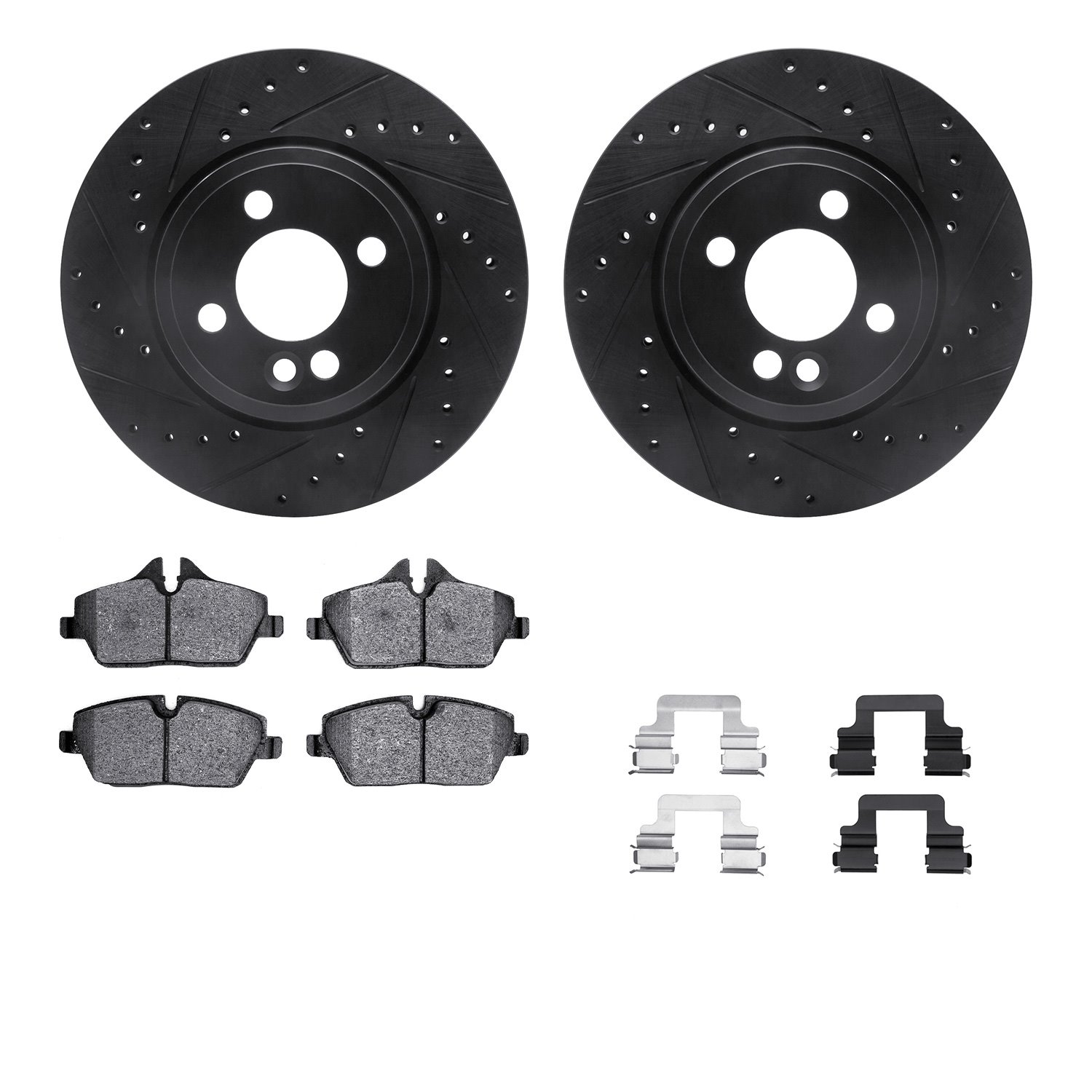 8612-32006 Drilled/Slotted Brake Rotors w/5000 Euro Ceramic Brake Pads Kit & Hardware [Black], 2007-2015 Mini, Position: Front