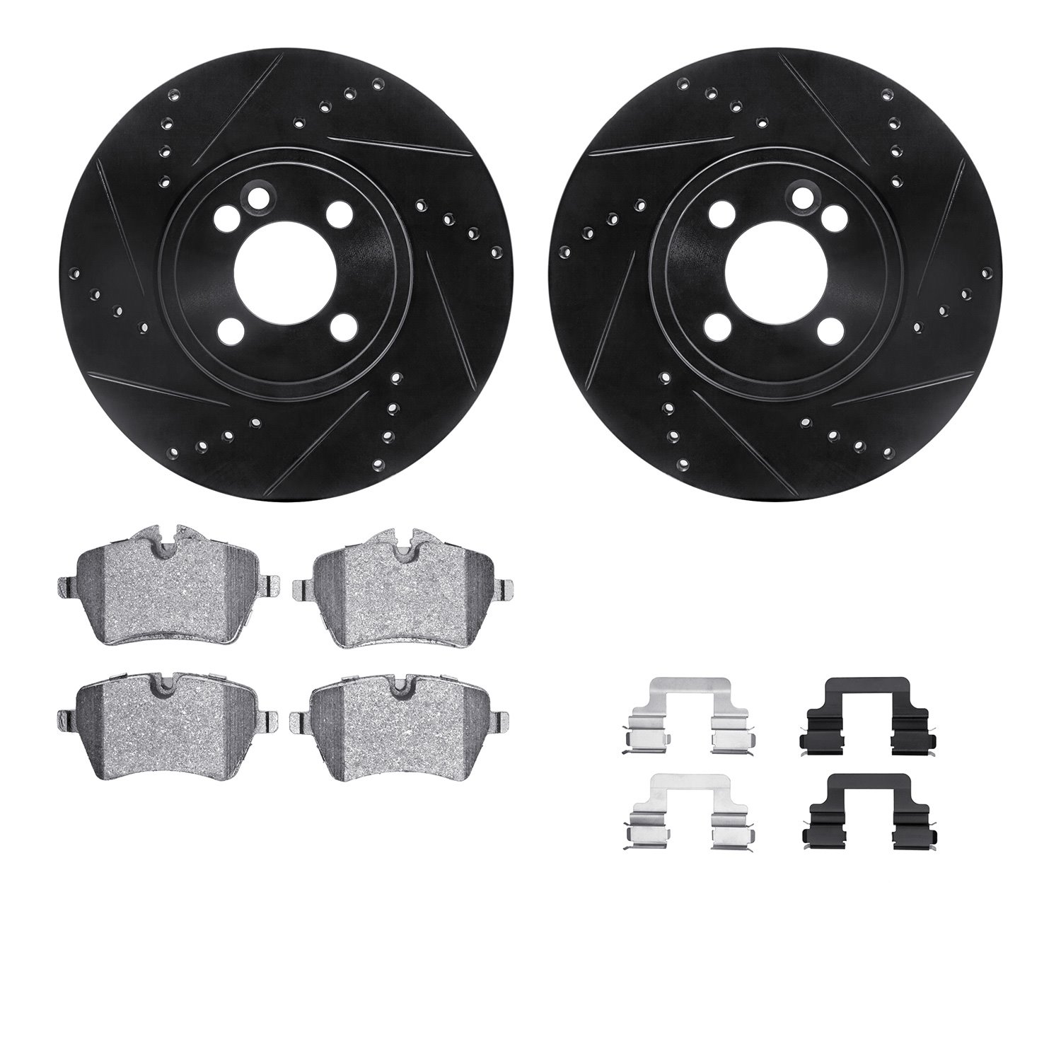 8612-32007 Drilled/Slotted Brake Rotors w/5000 Euro Ceramic Brake Pads Kit & Hardware [Black], 2007-2015 Mini, Position: Front
