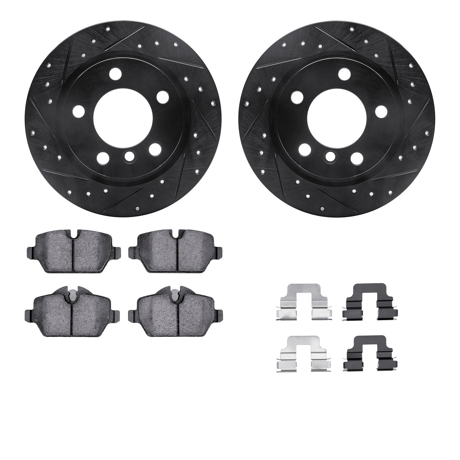 8612-32010 Drilled/Slotted Brake Rotors w/5000 Euro Ceramic Brake Pads Kit & Hardware [Black], 2011-2016 Mini, Position: Rear