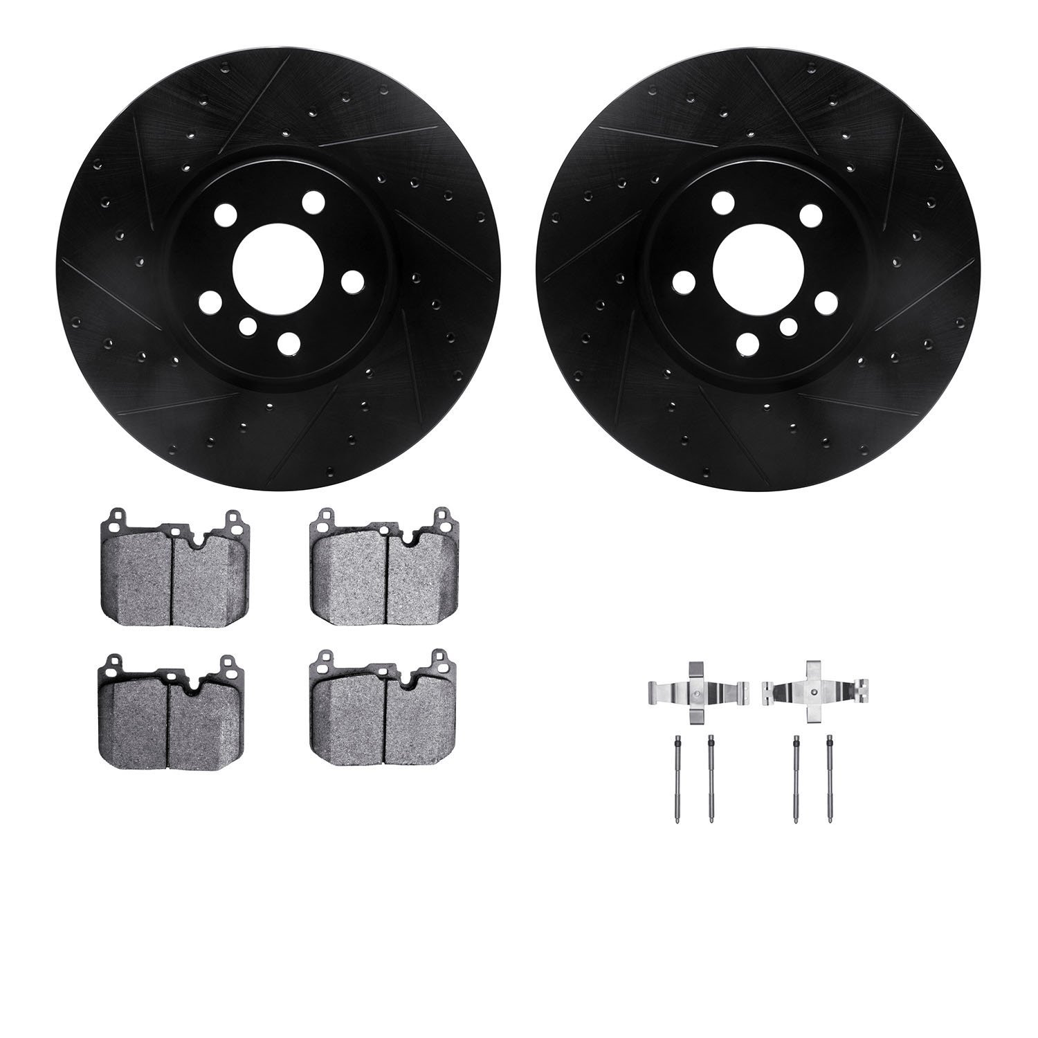 8612-32017 Drilled/Slotted Brake Rotors w/5000 Euro Ceramic Brake Pads Kit & Hardware [Black], 2015-2019 Mini, Position: Front