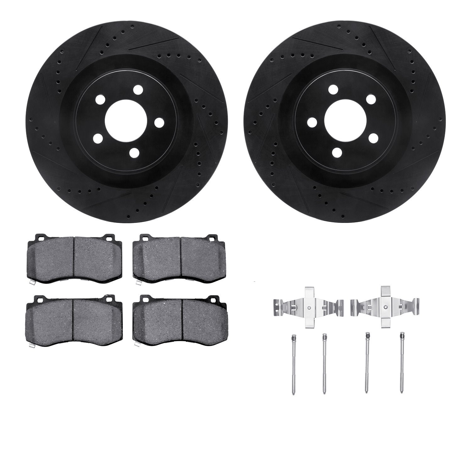 8612-39000 Drilled/Slotted Brake Rotors w/5000 Euro Ceramic Brake Pads Kit & Hardware [Black], Fits Select Mopar, Position: Fron