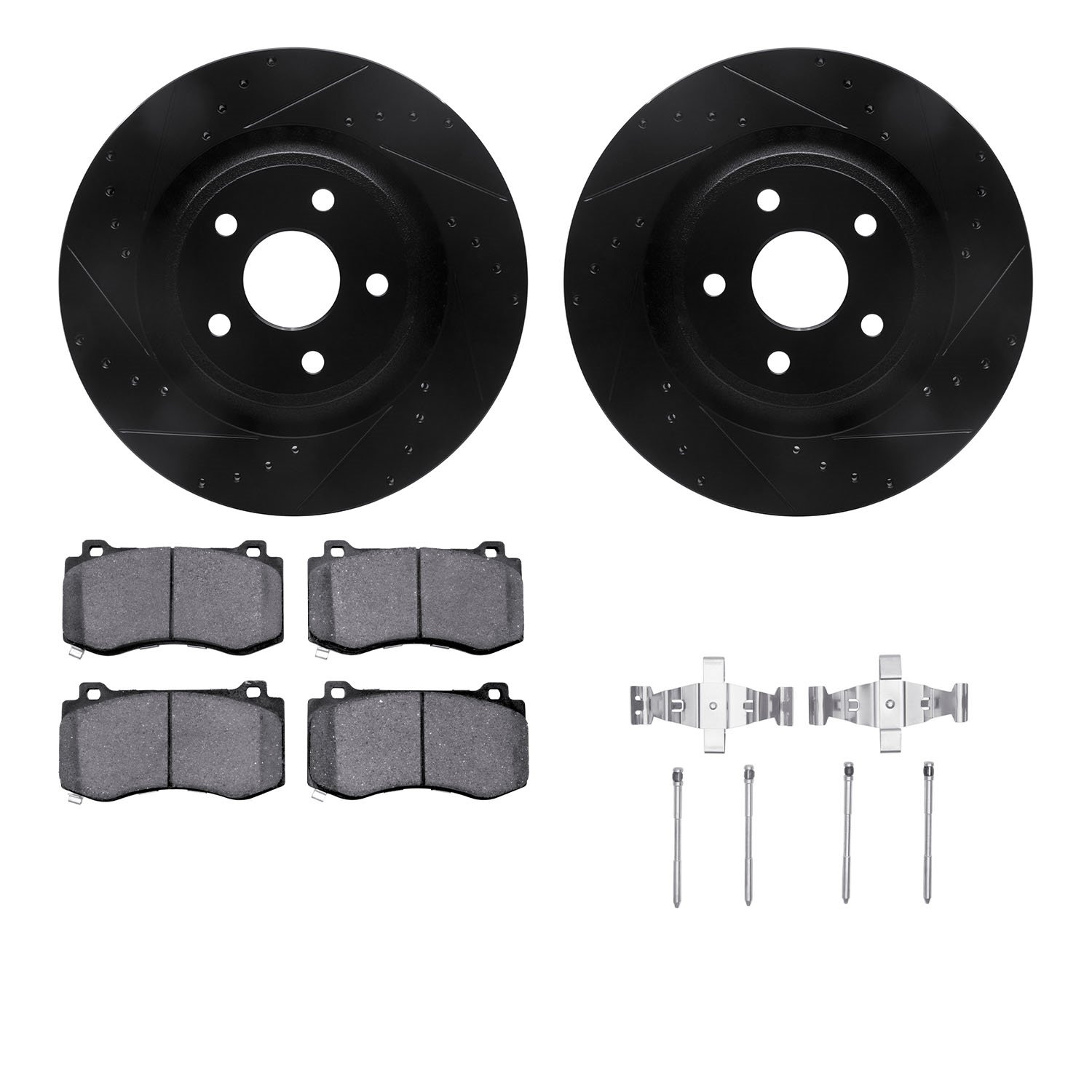 8612-42000 Drilled/Slotted Brake Rotors w/5000 Euro Ceramic Brake Pads Kit & Hardware [Black], 2006-2010 Mopar, Position: Front