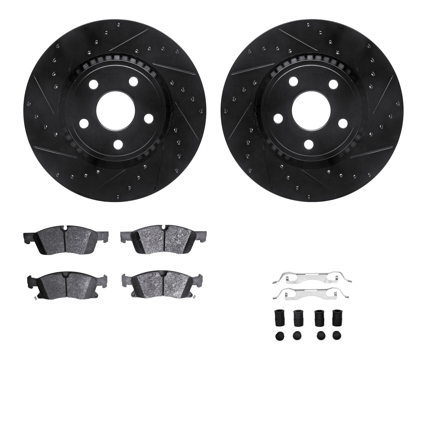 8612-42003 Drilled/Slotted Brake Rotors w/5000 Euro Ceramic Brake Pads Kit & Hardware [Black], Fits Select Mopar, Position: Fron