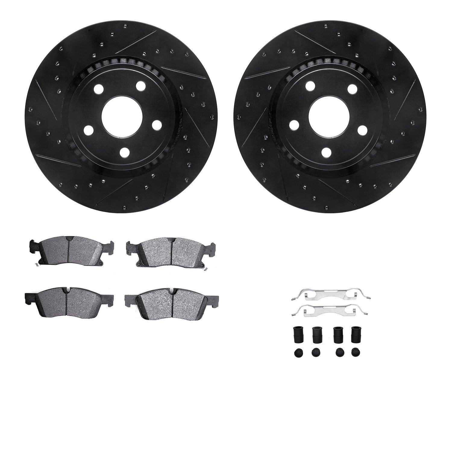 8612-42004 Drilled/Slotted Brake Rotors w/5000 Euro Ceramic Brake Pads Kit & Hardware [Black], Fits Select Mopar, Position: Fron