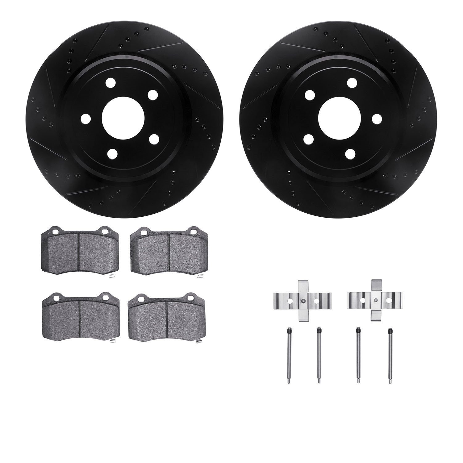 8612-42005 Drilled/Slotted Brake Rotors w/5000 Euro Ceramic Brake Pads Kit & Hardware [Black], Fits Select Mopar, Position: Rear