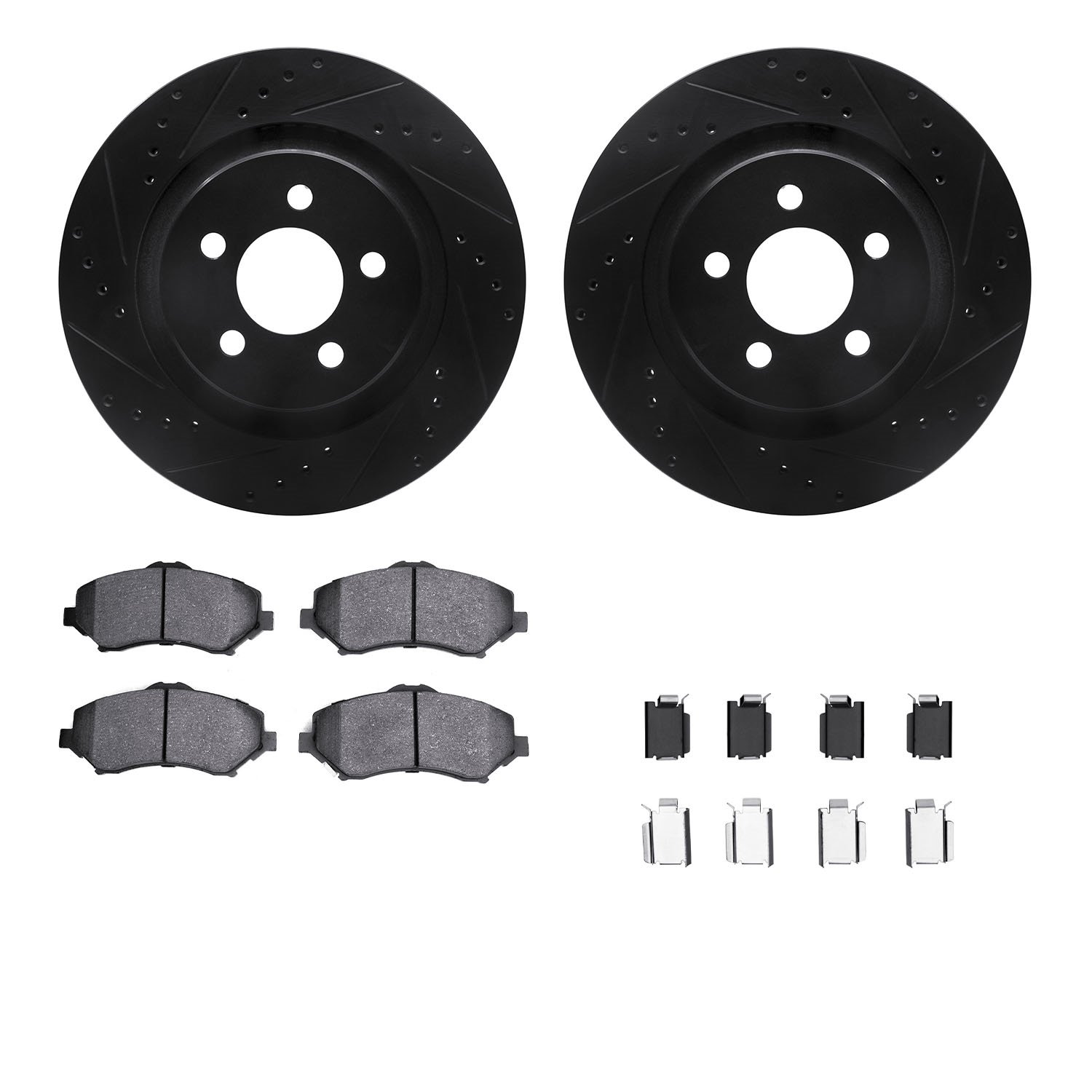 8612-42012 Drilled/Slotted Brake Rotors w/5000 Euro Ceramic Brake Pads Kit & Hardware [Black], 2011-2012 Mopar, Position: Front