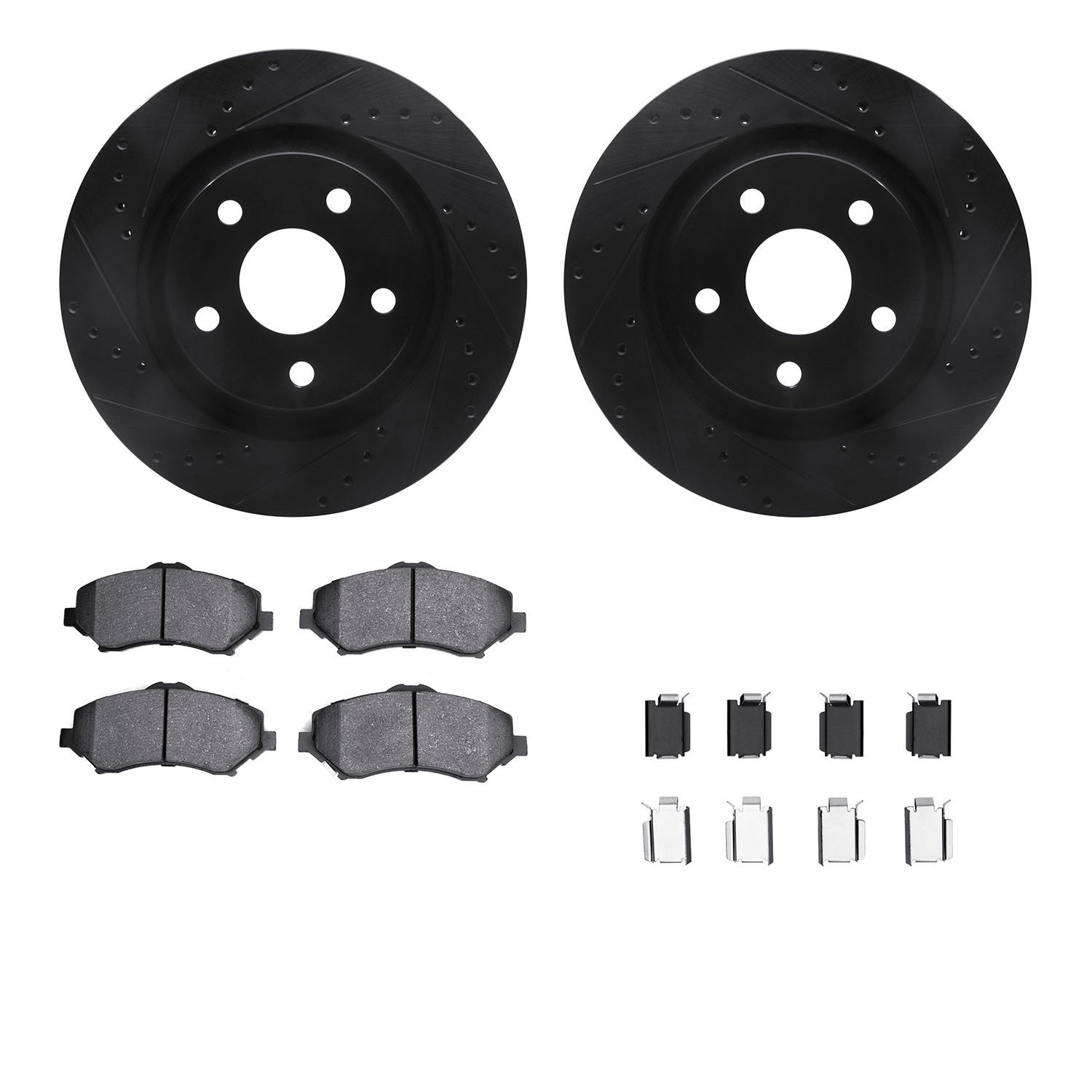 8612-42014 Drilled/Slotted Brake Rotors w/5000 Euro Ceramic Brake Pads Kit & Hardware [Black], 2012-2018 Mopar, Position: Front