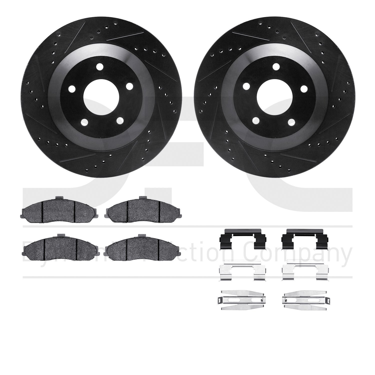 8612-46002 Drilled/Slotted Brake Rotors w/5000 Euro Ceramic Brake Pads Kit & Hardware [Black], 1997-2004 GM, Position: Front