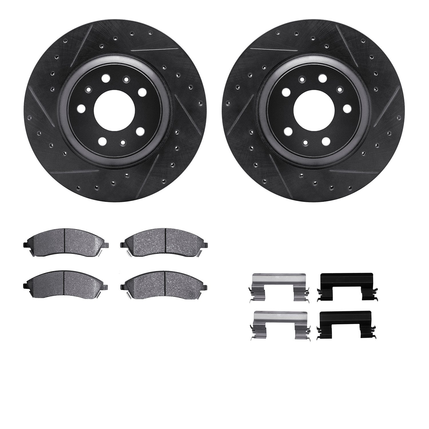 8612-46006 Drilled/Slotted Brake Rotors w/5000 Euro Ceramic Brake Pads Kit & Hardware [Black], 2004-2008 GM, Position: Front