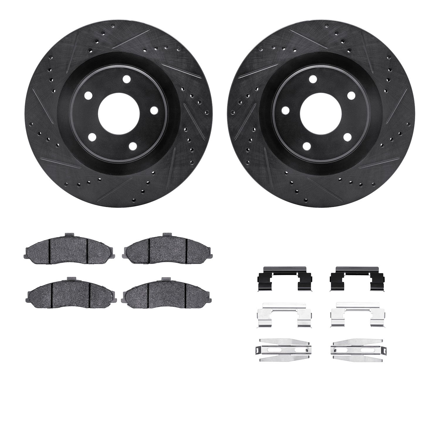 8612-46007 Drilled/Slotted Brake Rotors w/5000 Euro Ceramic Brake Pads Kit & Hardware [Black], 2010-2013 GM, Position: Front
