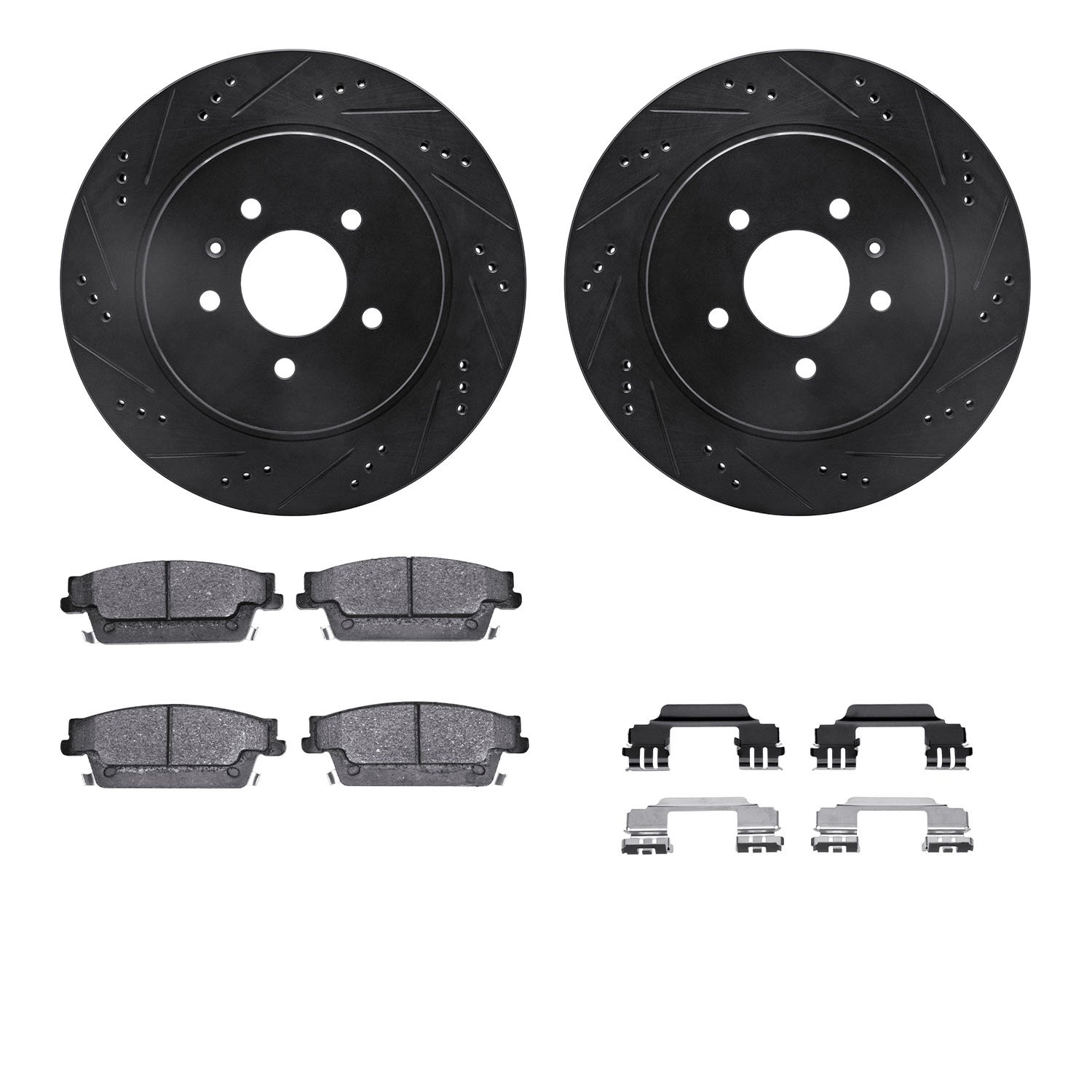 8612-46009 Drilled/Slotted Brake Rotors w/5000 Euro Ceramic Brake Pads Kit & Hardware [Black], 2005-2011 GM, Position: Rear