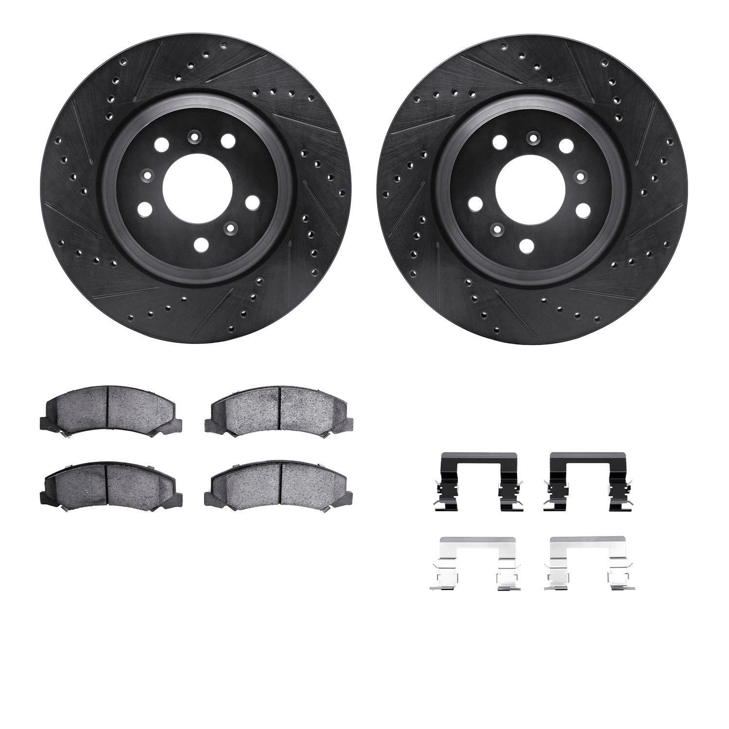 8612-46010 Drilled/Slotted Brake Rotors w/5000 Euro Ceramic Brake Pads Kit & Hardware [Black], 2006-2016 GM, Position: Front