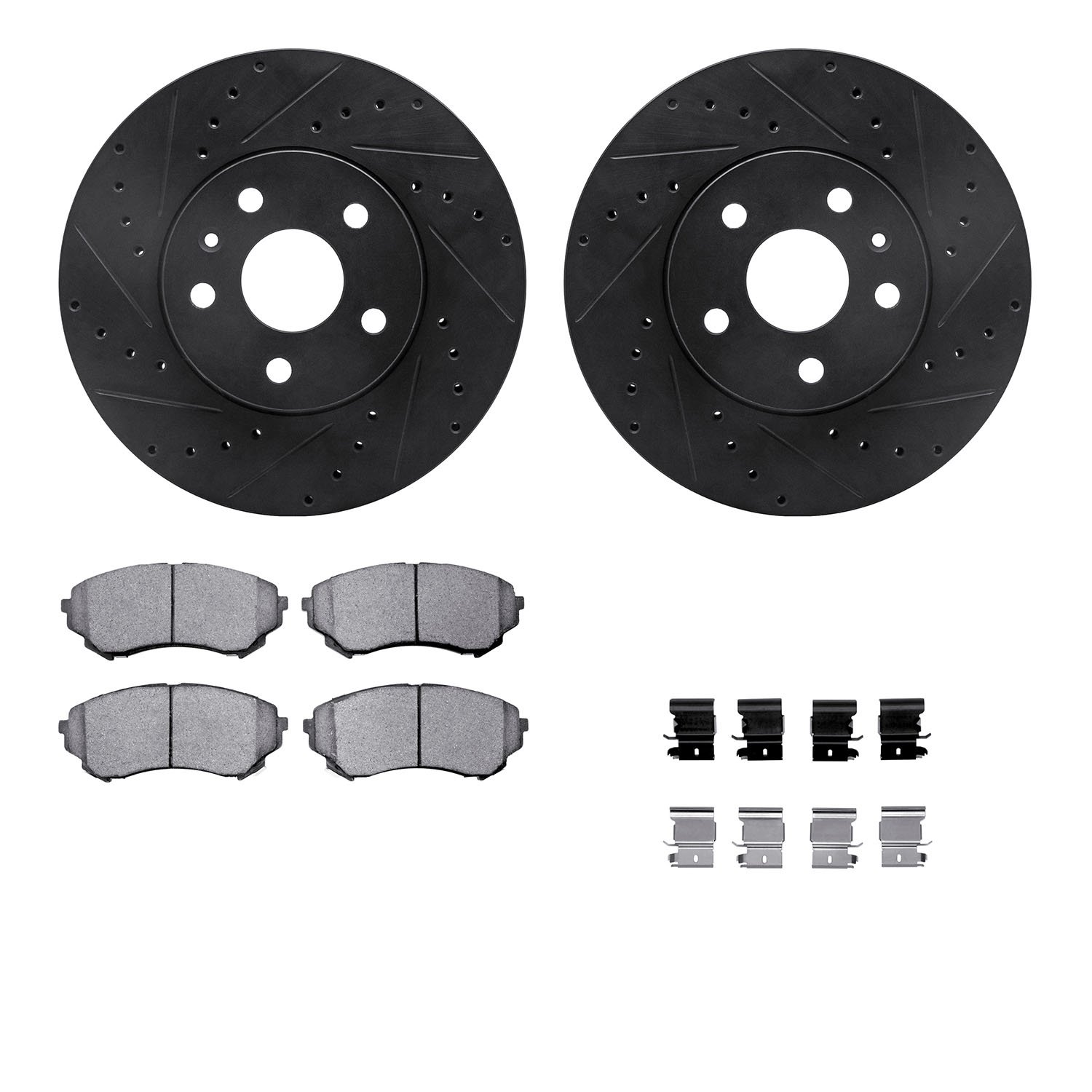 8612-46011 Drilled/Slotted Brake Rotors w/5000 Euro Ceramic Brake Pads Kit & Hardware [Black], 2014-2014 GM, Position: Front