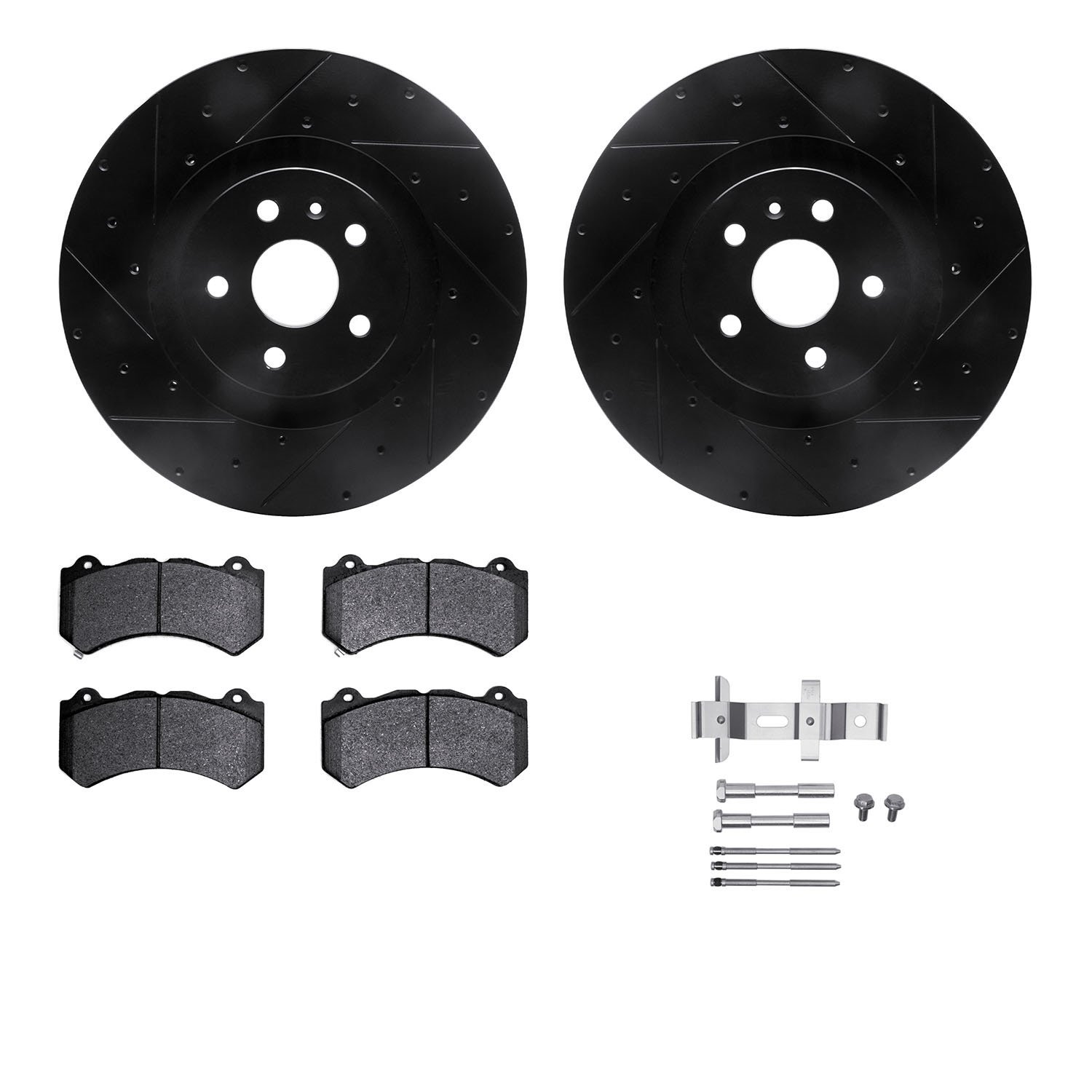 8612-46014 Drilled/Slotted Brake Rotors w/5000 Euro Ceramic Brake Pads Kit & Hardware [Black], 2009-2015 GM, Position: Front