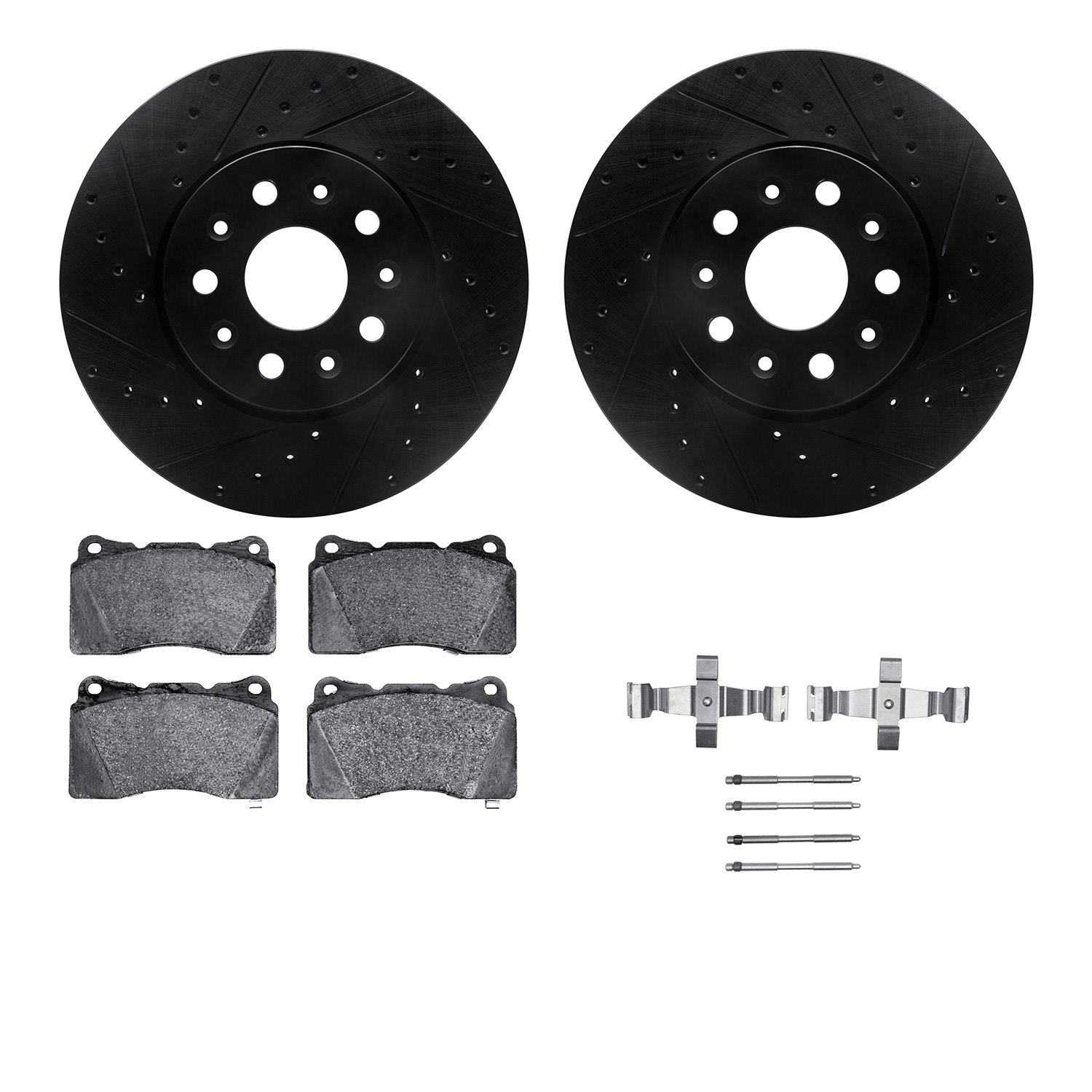 8612-46024 Drilled/Slotted Brake Rotors w/5000 Euro Ceramic Brake Pads Kit & Hardware [Black], 2014-2020 GM, Position: Front