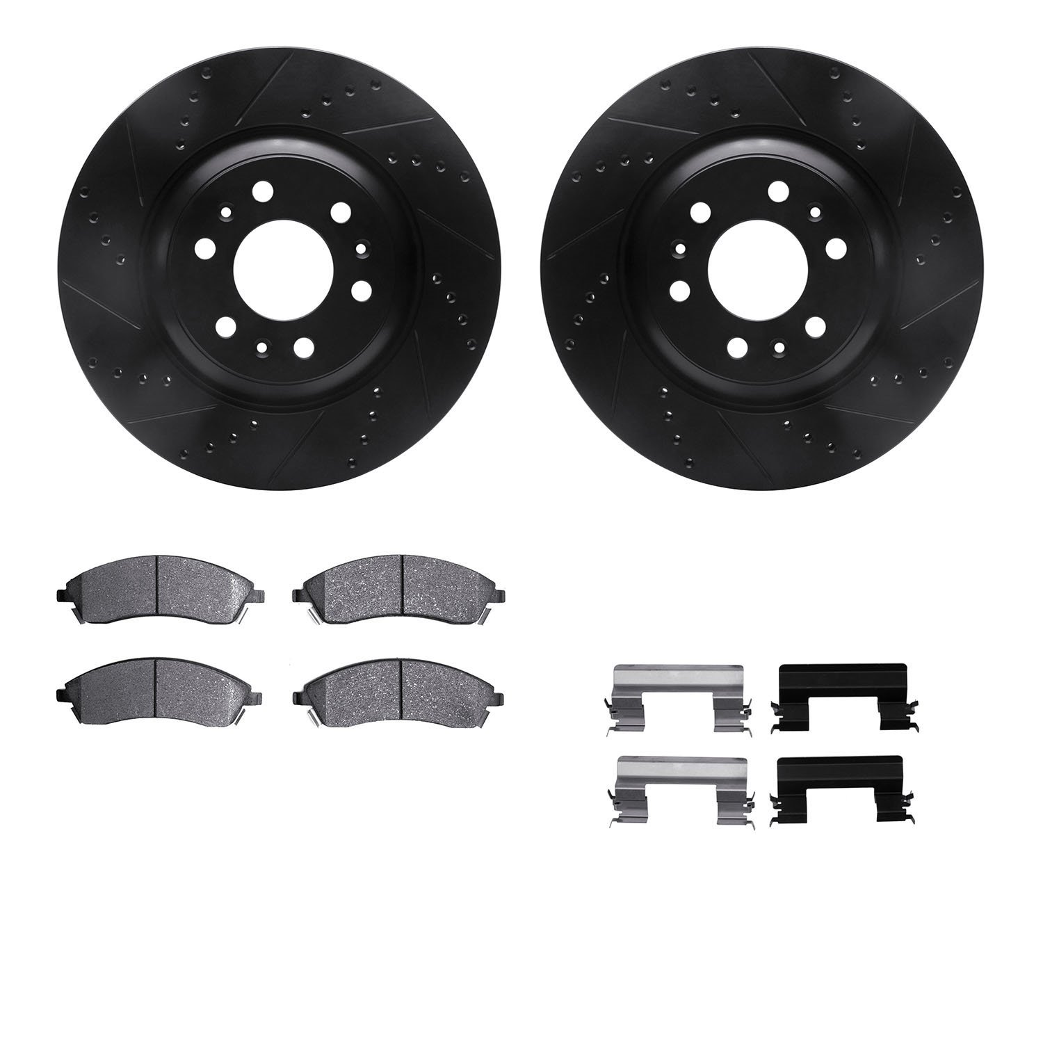 8612-46029 Drilled/Slotted Brake Rotors w/5000 Euro Ceramic Brake Pads Kit & Hardware [Black], 2004-2009 GM, Position: Front