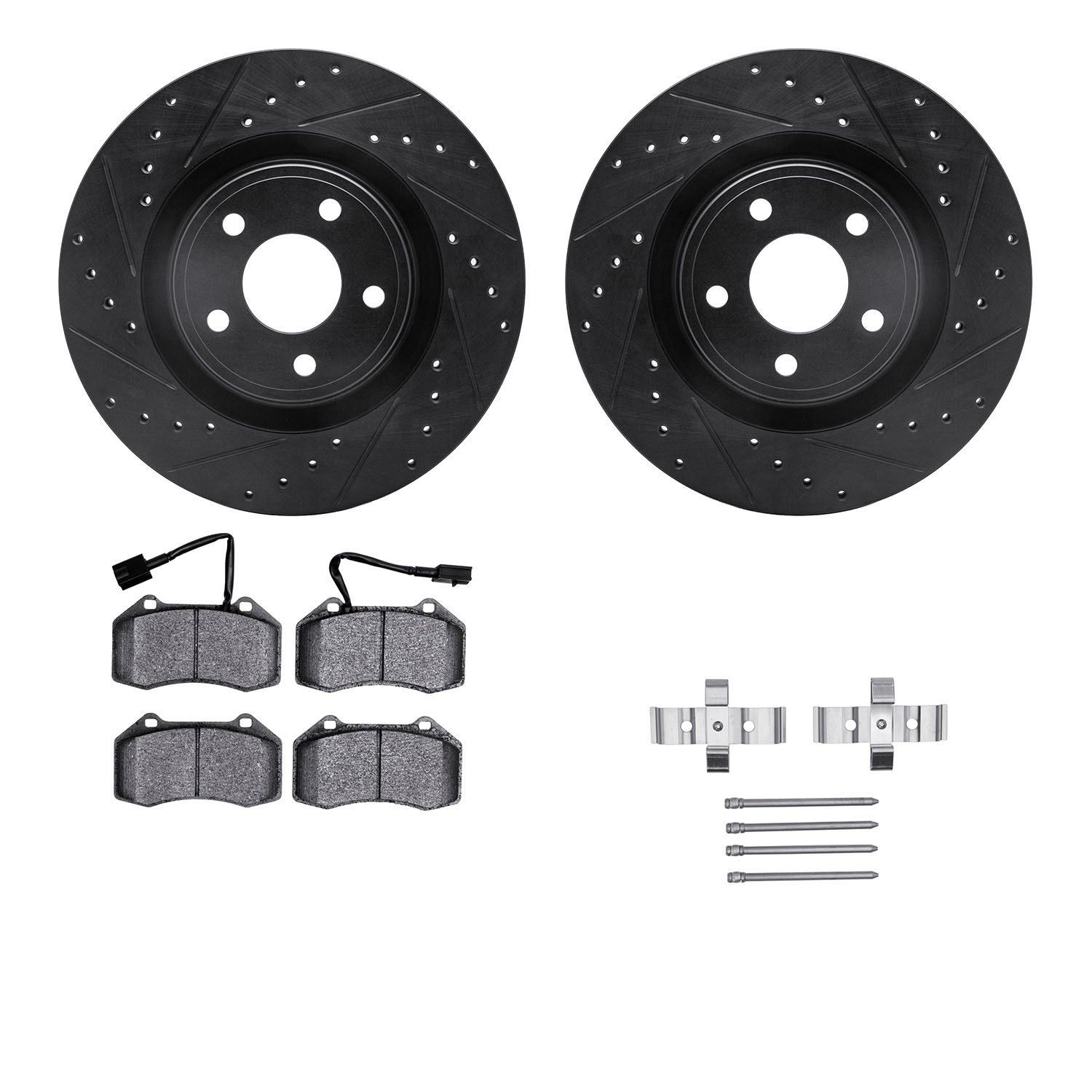 8612-47005 Drilled/Slotted Brake Rotors w/5000 Euro Ceramic Brake Pads Kit & Hardware [Black], 2007-2010 GM, Position: Front