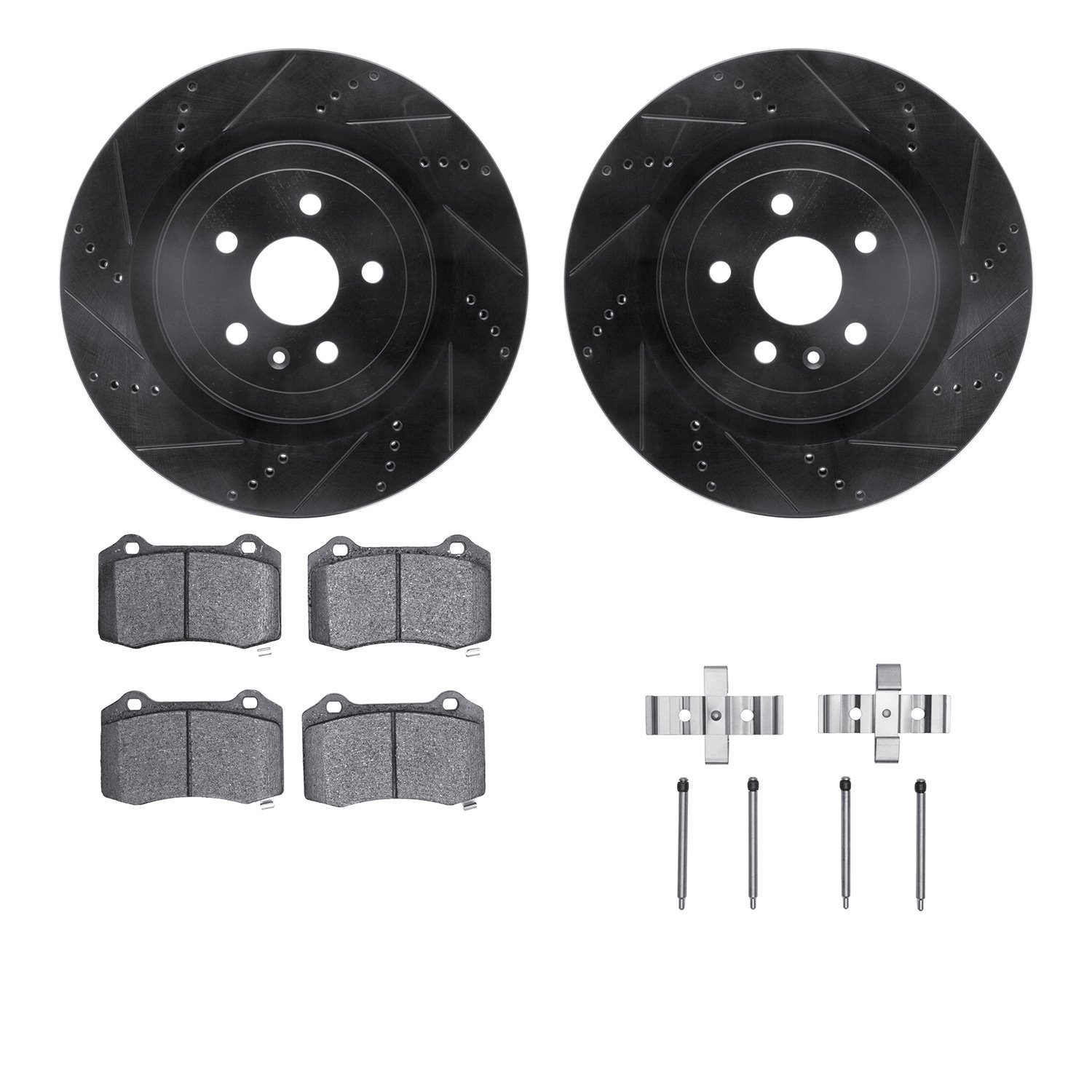 8612-47007 Drilled/Slotted Brake Rotors w/5000 Euro Ceramic Brake Pads Kit & Hardware [Black], Fits Select GM, Position: Rear