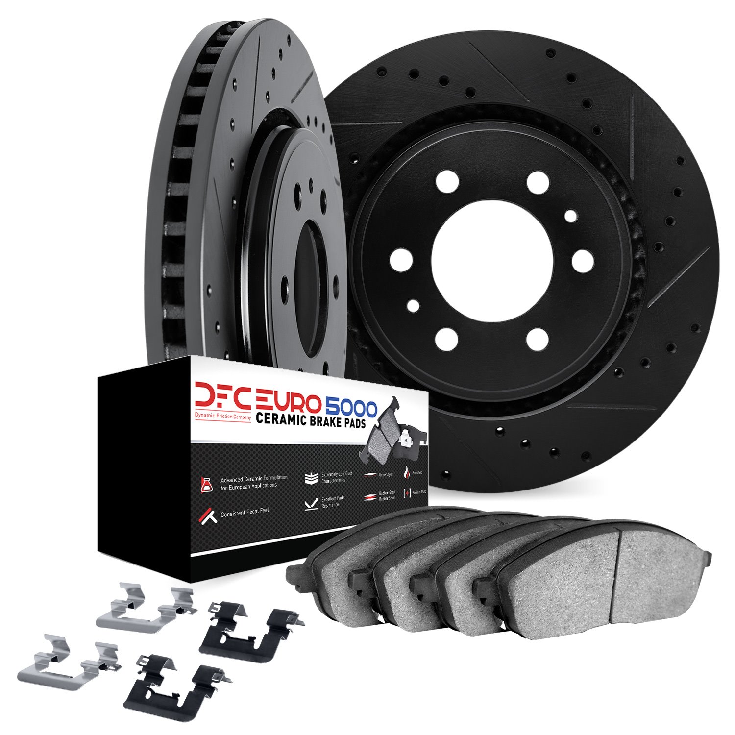 8612-47014 Drilled/Slotted Brake Rotors w/5000 Euro Ceramic Brake Pads Kit & Hardware [Black], 2015-2020 GM, Position: Front