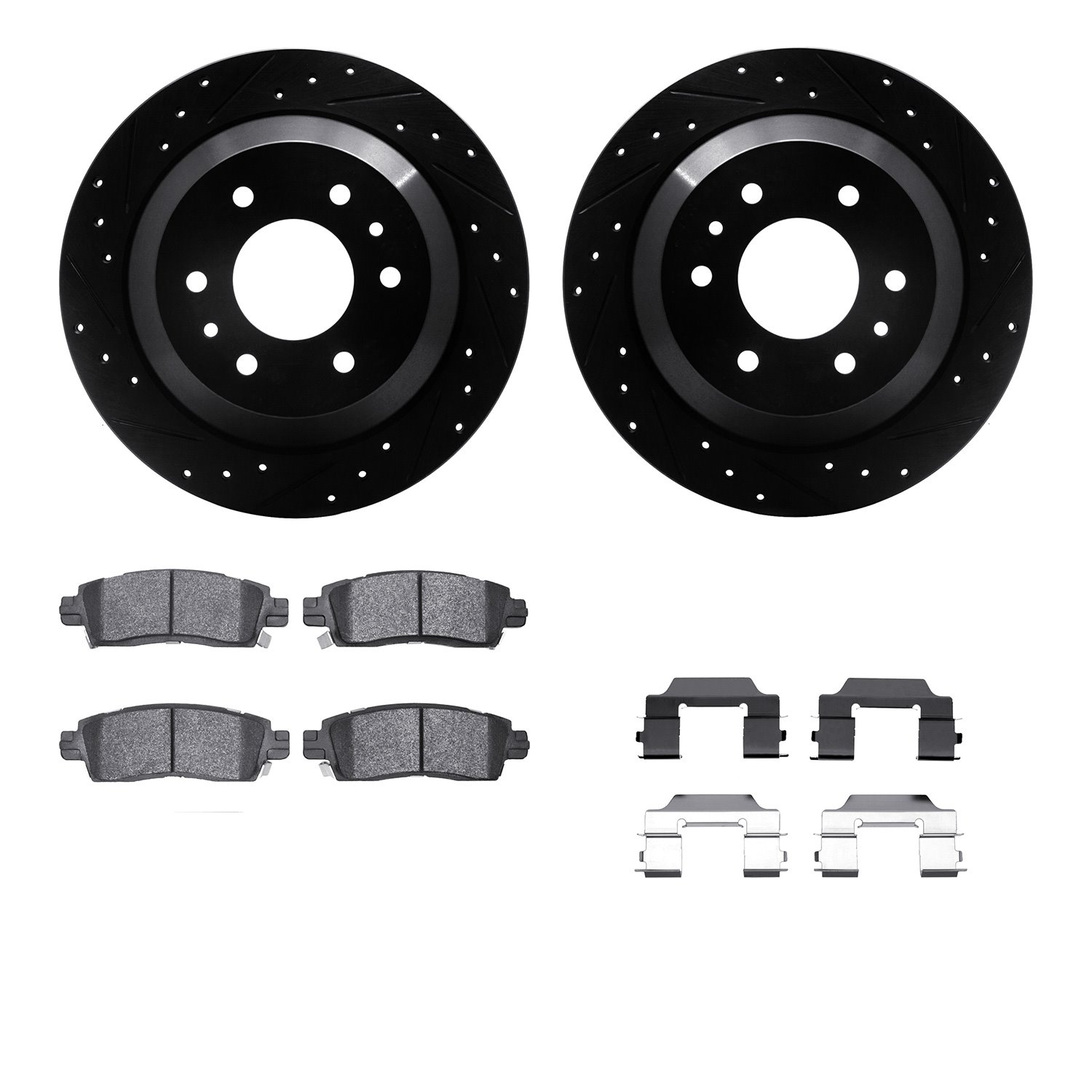 8612-48002 Drilled/Slotted Brake Rotors w/5000 Euro Ceramic Brake Pads Kit & Hardware [Black], 2002-2009 GM, Position: Rear