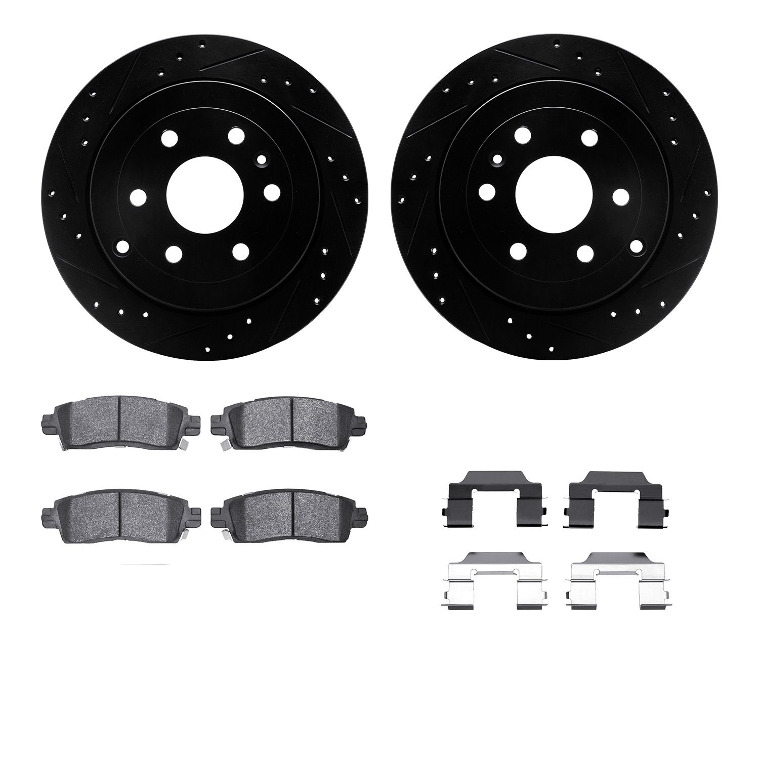 8612-48006 Drilled/Slotted Brake Rotors w/5000 Euro Ceramic Brake Pads Kit & Hardware [Black], 2007-2017 GM, Position: Rear