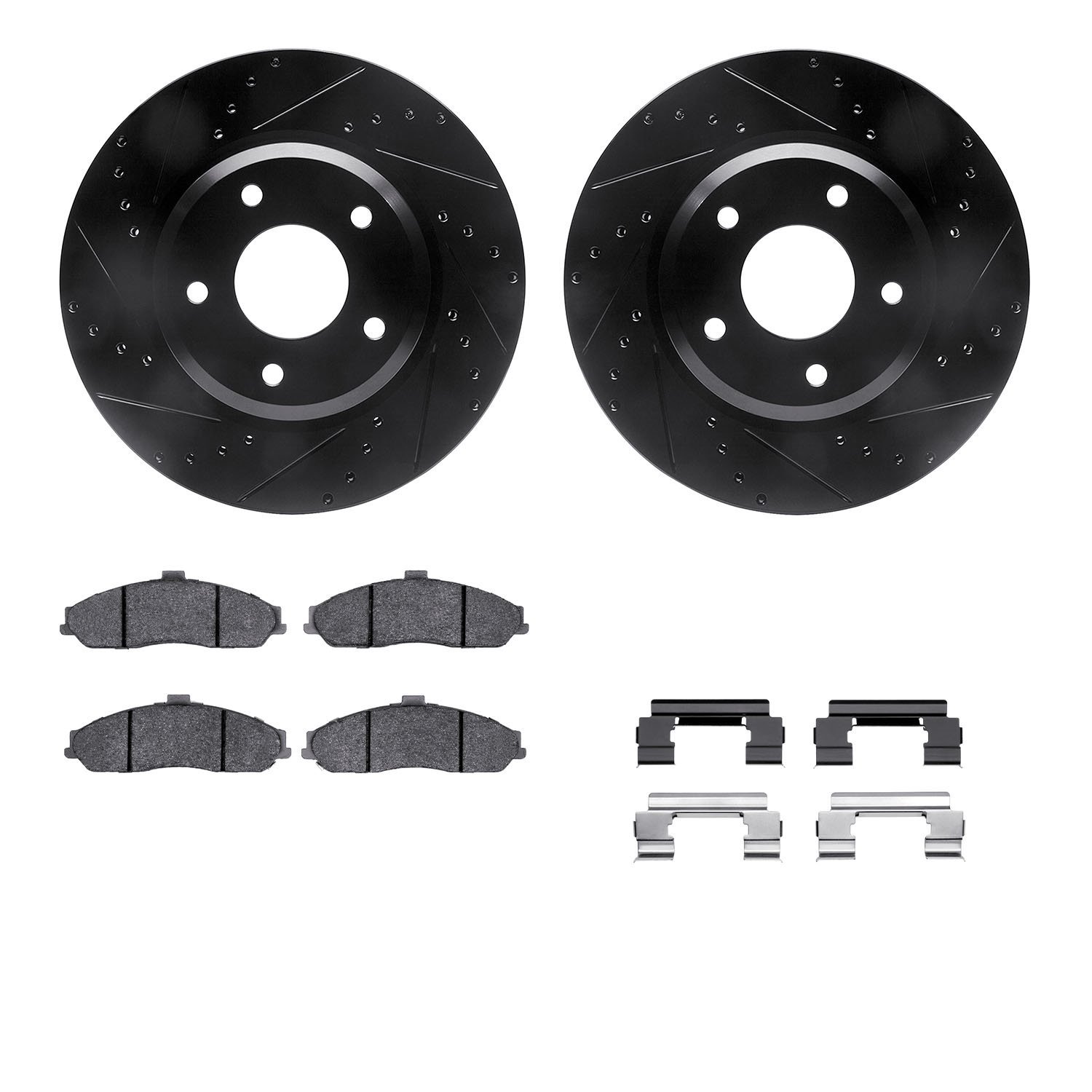 8612-52002 Drilled/Slotted Brake Rotors w/5000 Euro Ceramic Brake Pads Kit & Hardware [Black], 2005-2006 GM, Position: Front