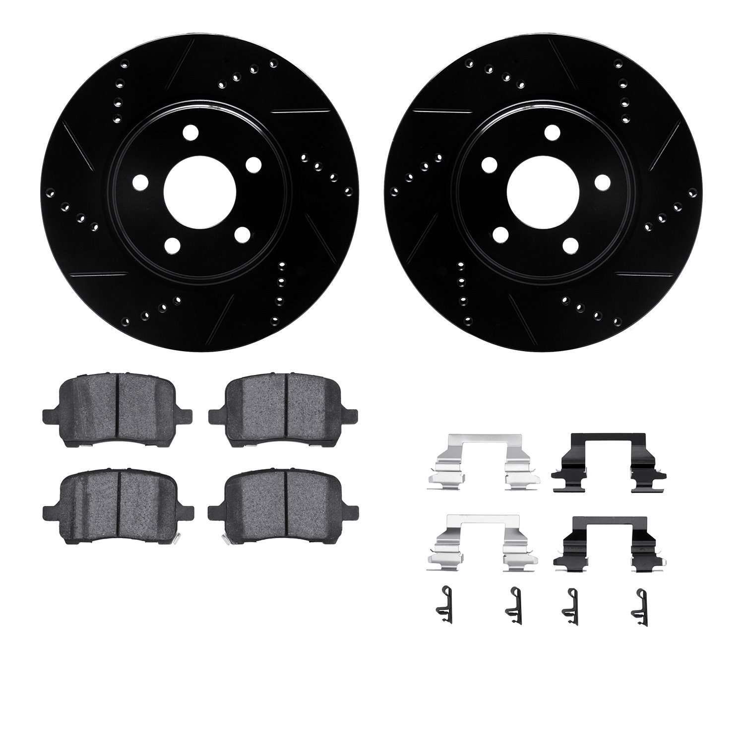 8612-53000 Drilled/Slotted Brake Rotors w/5000 Euro Ceramic Brake Pads Kit & Hardware [Black], 2004-2012 GM, Position: Front