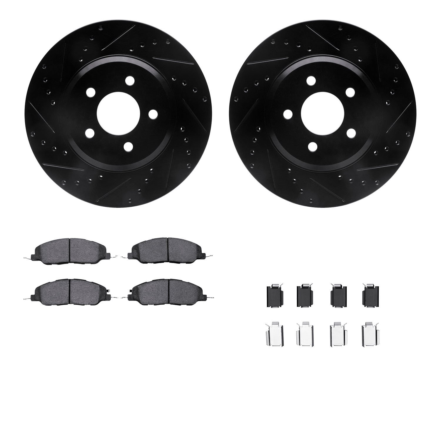 8612-54009 Drilled/Slotted Brake Rotors w/5000 Euro Ceramic Brake Pads Kit & Hardware [Black], 2005-2014 Ford/Lincoln/Mercury/Ma