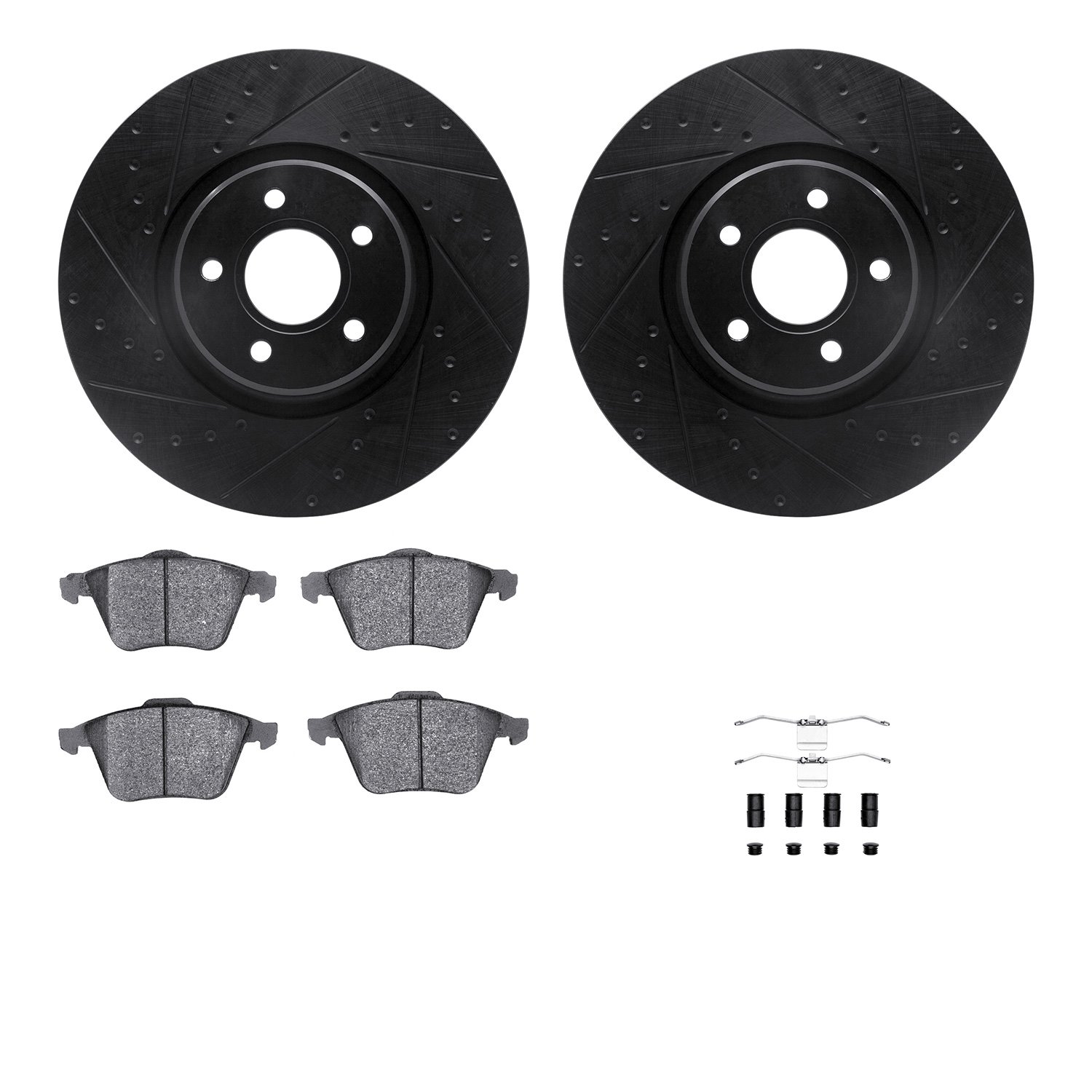 8612-54019 Drilled/Slotted Brake Rotors w/5000 Euro Ceramic Brake Pads Kit & Hardware [Black], 2004-2013 Volvo, Position: Front