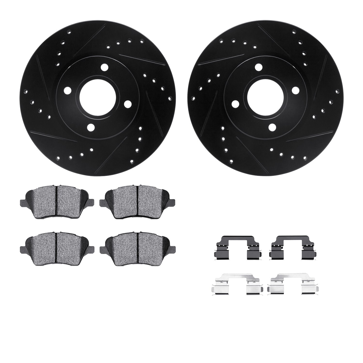 8612-54020 Drilled/Slotted Brake Rotors w/5000 Euro Ceramic Brake Pads Kit & Hardware [Black], 2014-2019 Ford/Lincoln/Mercury/Ma