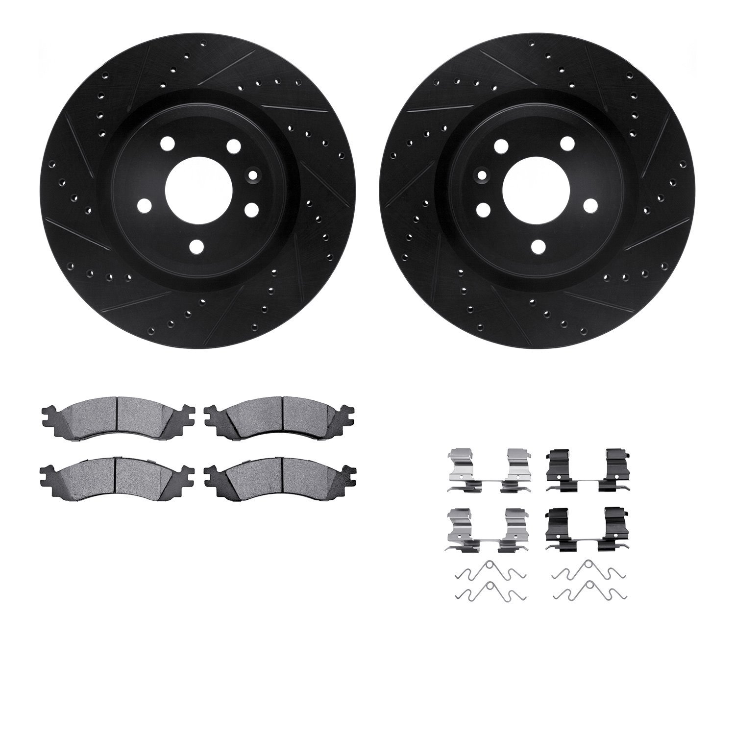8612-54023 Drilled/Slotted Brake Rotors w/5000 Euro Ceramic Brake Pads Kit & Hardware [Black], 2011-2012 Ford/Lincoln/Mercury/Ma