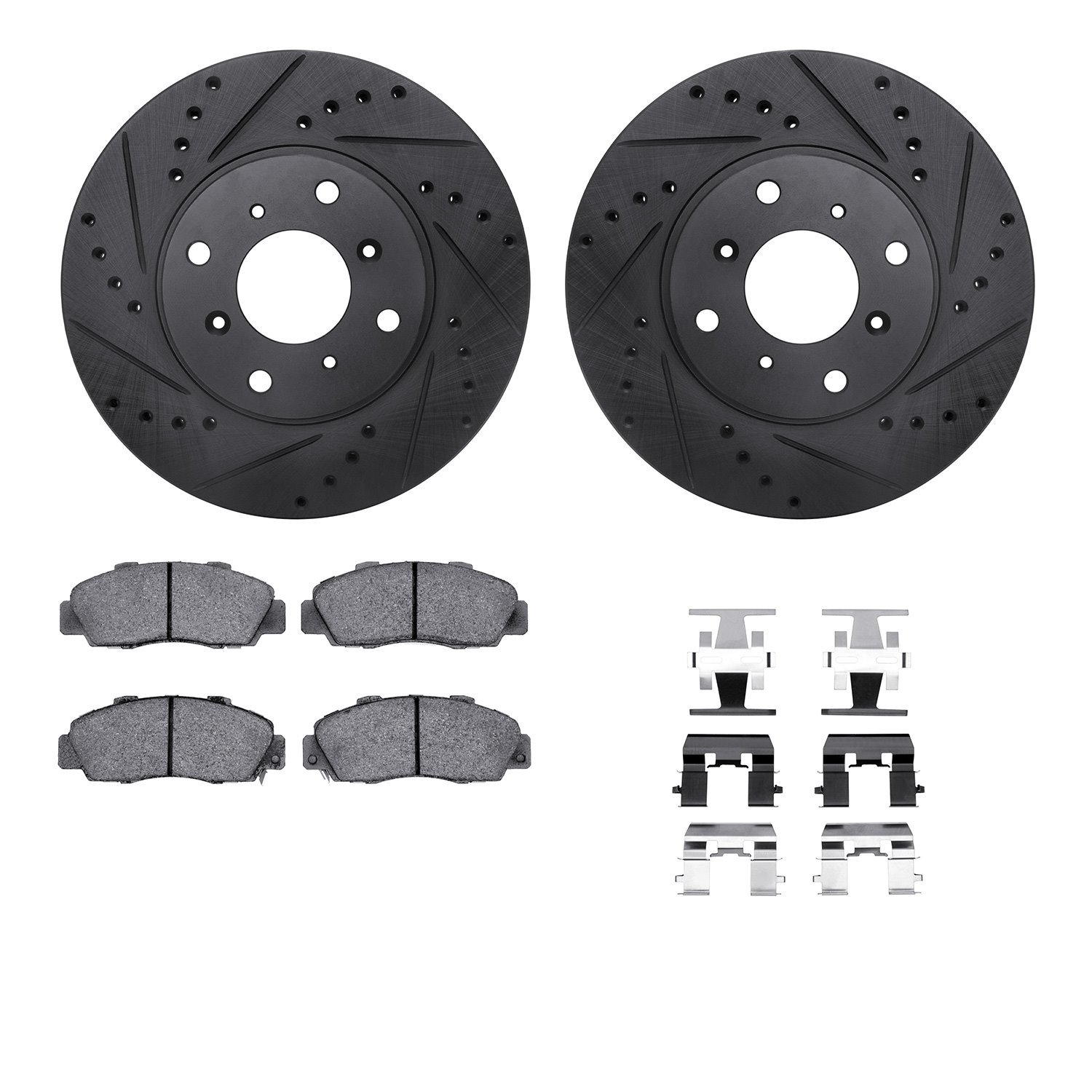 8612-59001 Drilled/Slotted Brake Rotors w/5000 Euro Ceramic Brake Pads Kit & Hardware [Black], 1992-1996 Acura/Honda, Position: