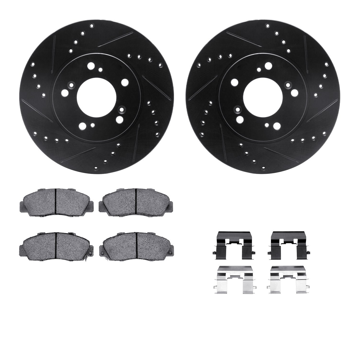 8612-59003 Drilled/Slotted Brake Rotors w/5000 Euro Ceramic Brake Pads Kit & Hardware [Black], 1991-2001 Multiple Makes/Models,