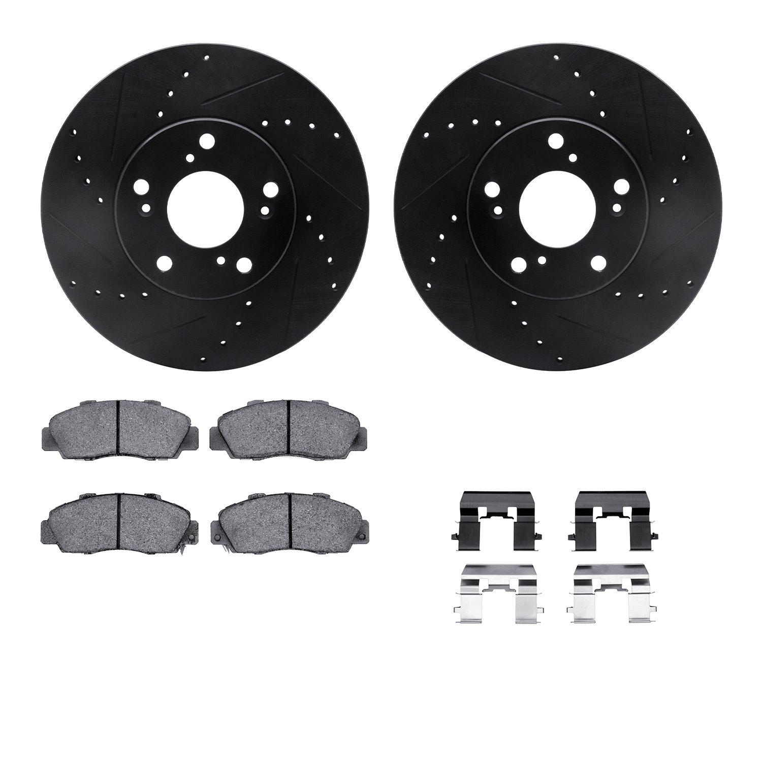 8612-59004 Drilled/Slotted Brake Rotors w/5000 Euro Ceramic Brake Pads Kit & Hardware [Black], 1998-2002 Acura/Honda, Position: