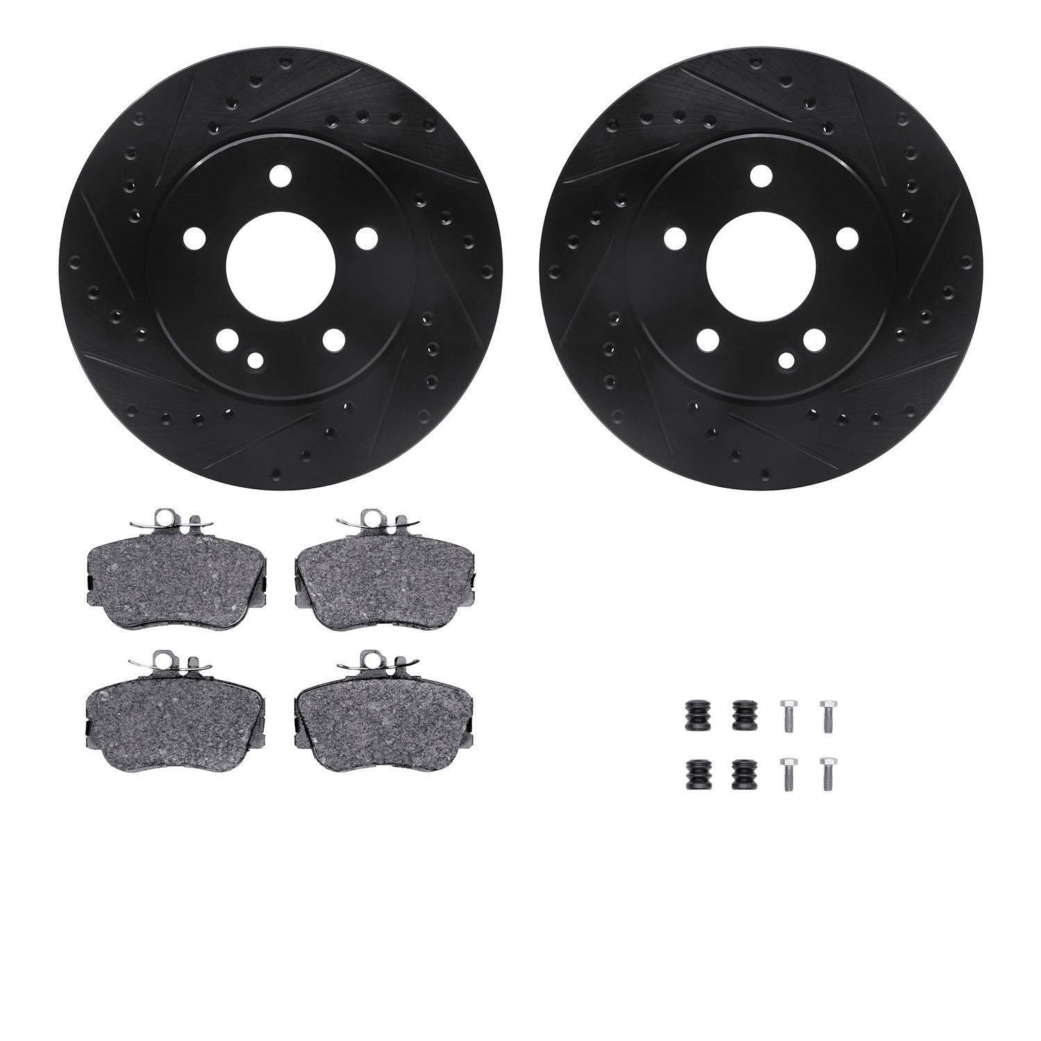 8612-63000 Drilled/Slotted Brake Rotors w/5000 Euro Ceramic Brake Pads Kit & Hardware [Black], 1994-1997 Mercedes-Benz, Position