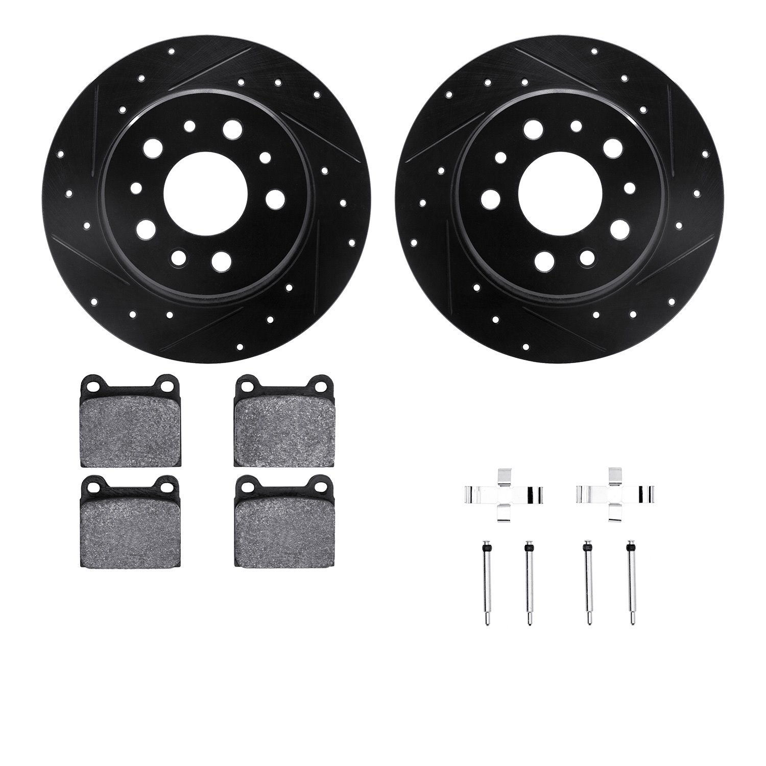 8612-63008 Drilled/Slotted Brake Rotors w/5000 Euro Ceramic Brake Pads Kit & Hardware [Black], 1961-1991 Mercedes-Benz, Position