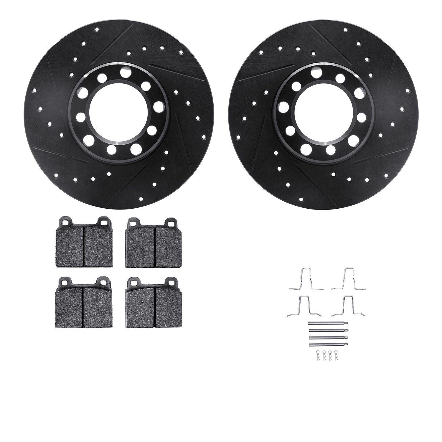 8612-63013 Drilled/Slotted Brake Rotors w/5000 Euro Ceramic Brake Pads Kit & Hardware [Black], 1968-1976 Mercedes-Benz, Position