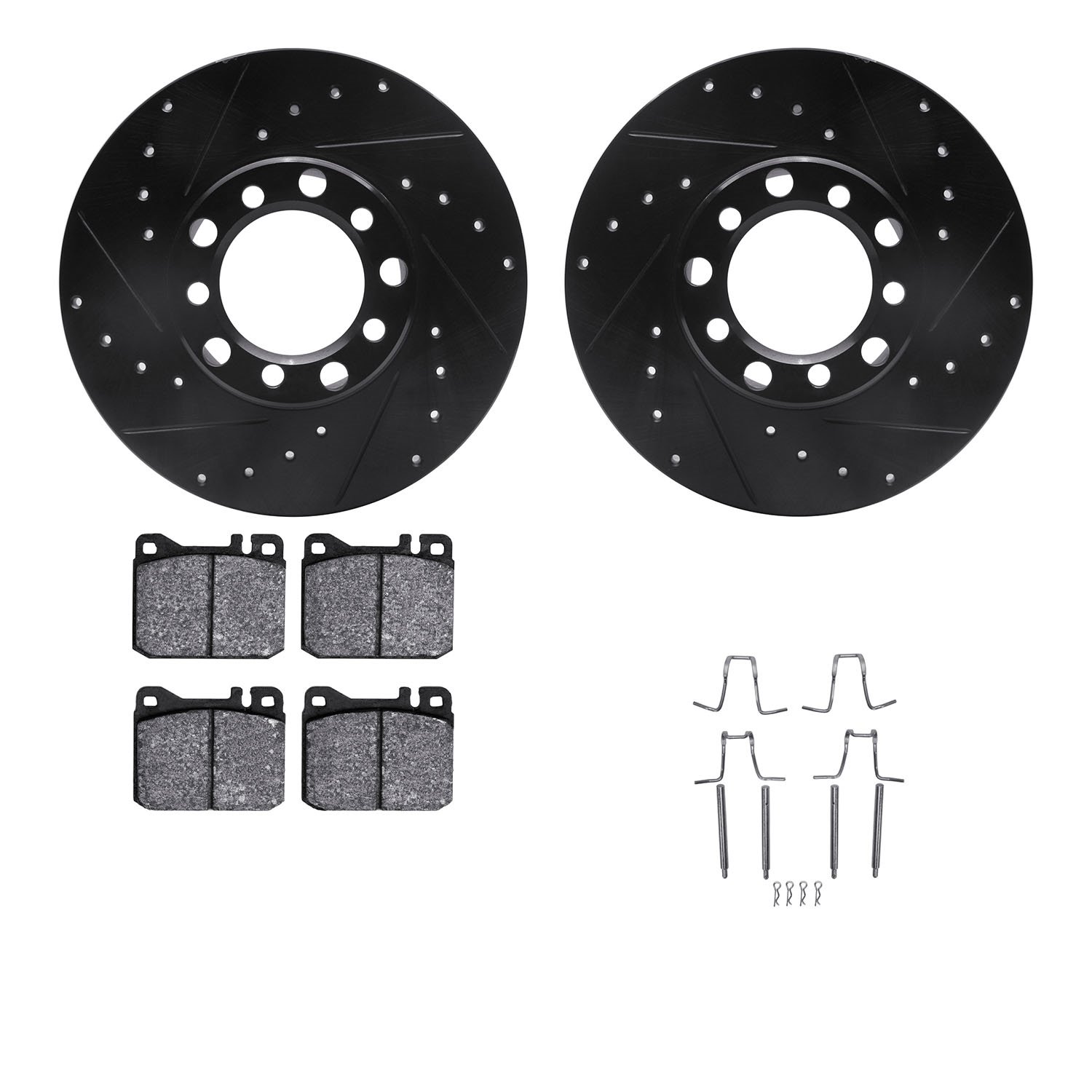 8612-63015 Drilled/Slotted Brake Rotors w/5000 Euro Ceramic Brake Pads Kit & Hardware [Black], 1976-1979 Mercedes-Benz, Position