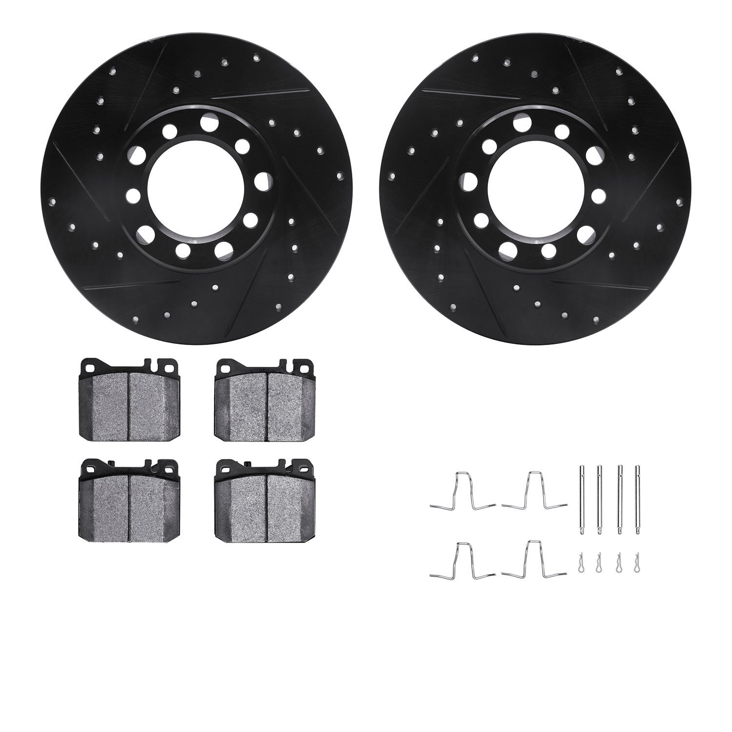 8612-63016 Drilled/Slotted Brake Rotors w/5000 Euro Ceramic Brake Pads Kit & Hardware [Black], 1979-1985 Mercedes-Benz, Position